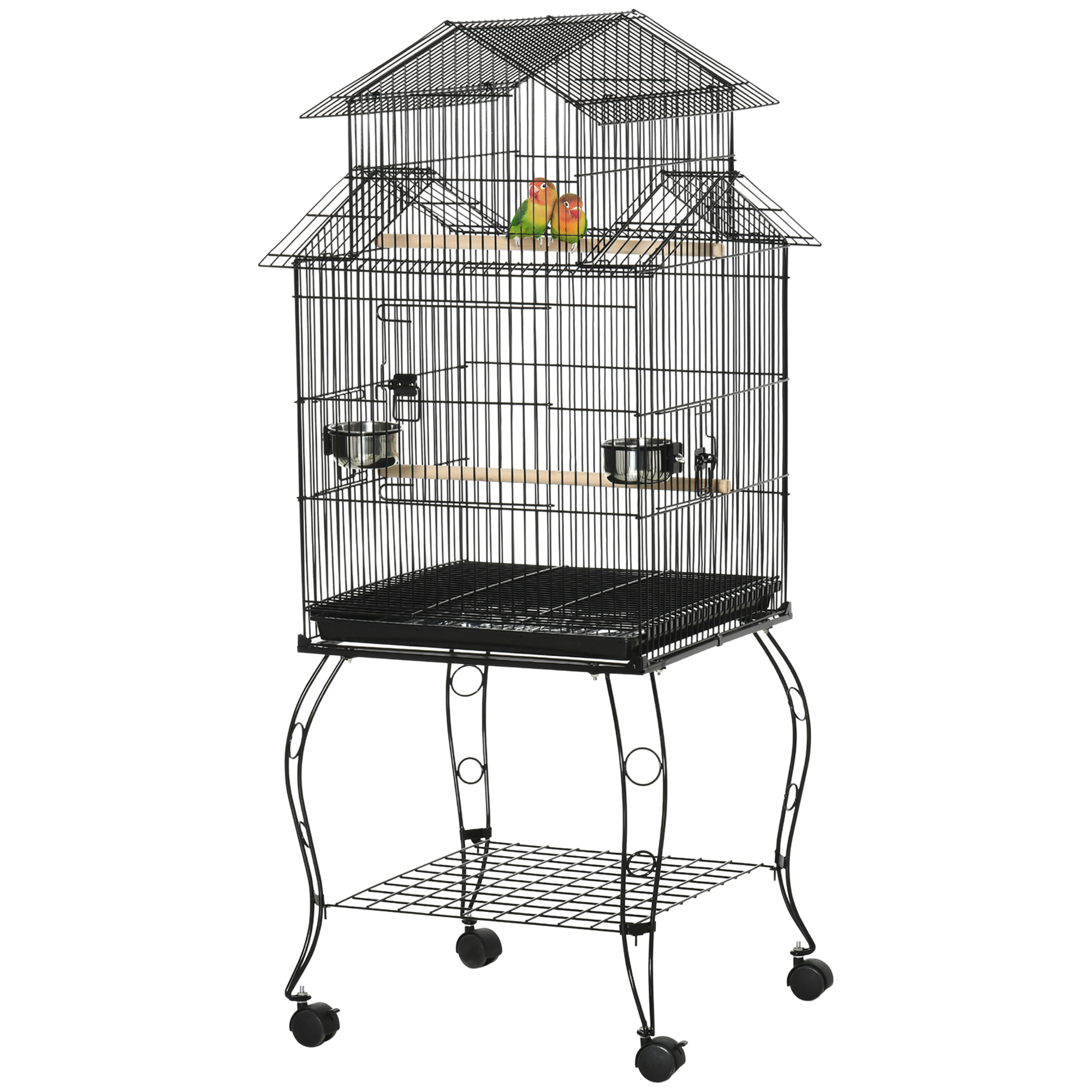 PawHut Cage pour Oiseaux d'Intérieur en Bois avec Plateau, 4 Roues et Perchoir, 50x49x137cm