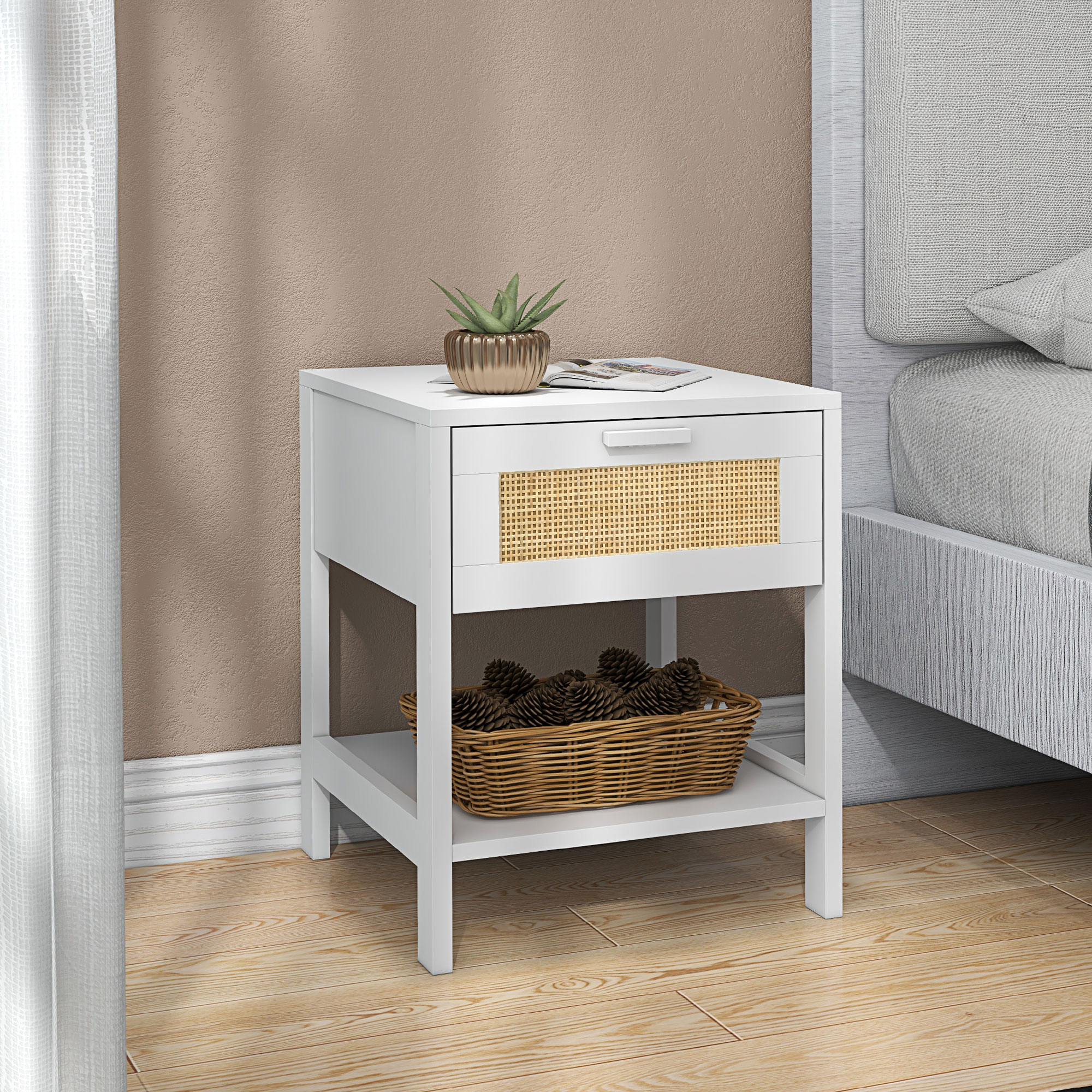 HOMCOM Nachttisch Beistelltisch mit Schublade und Regal, Rattan-Front, weiß günstig online kaufen