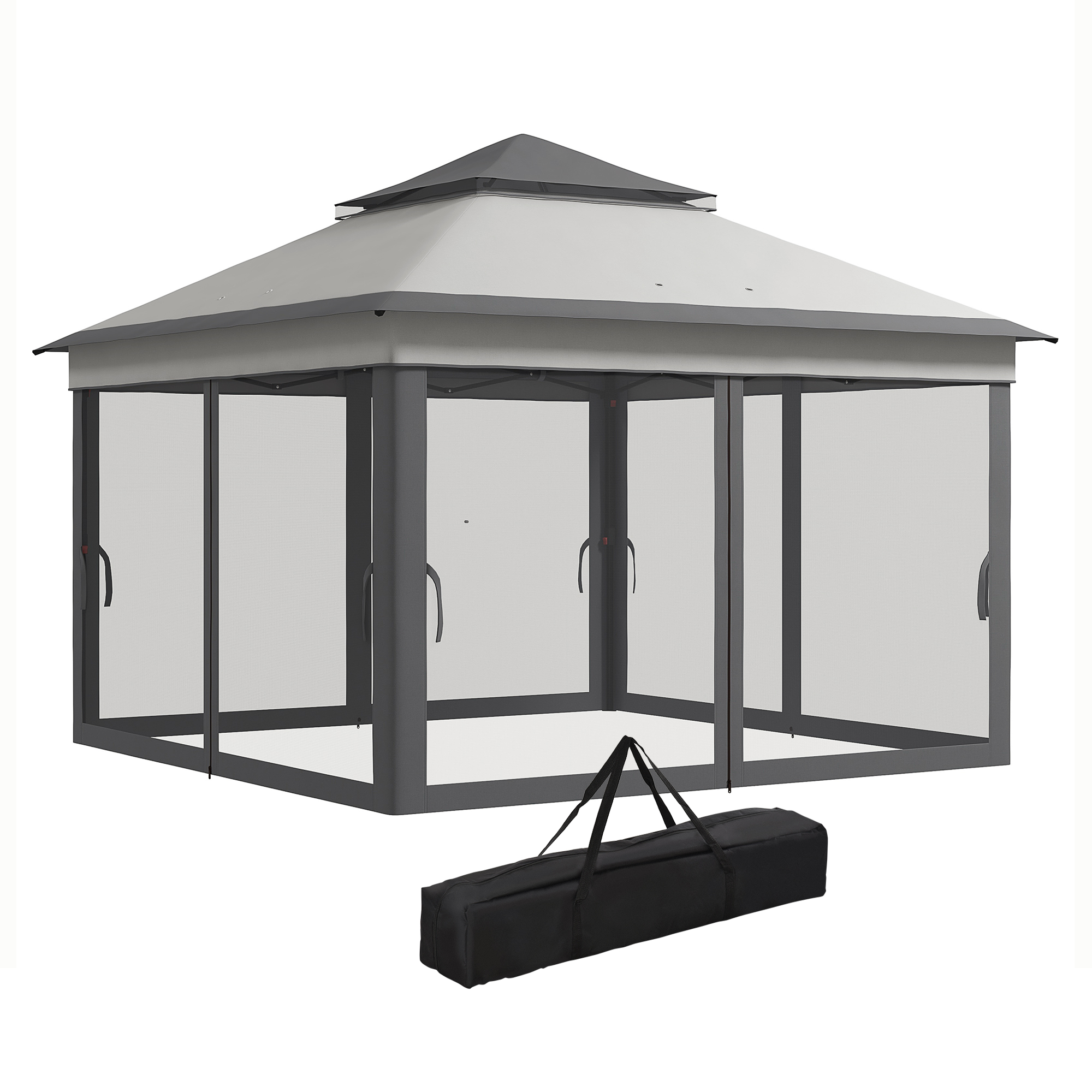 Outsunny Tonnelle avec Moustiquaires Réglable sur 3 Niveaux, en Acier et tissu Oxford, 326x326x272 cm, Gris Clair et Foncé