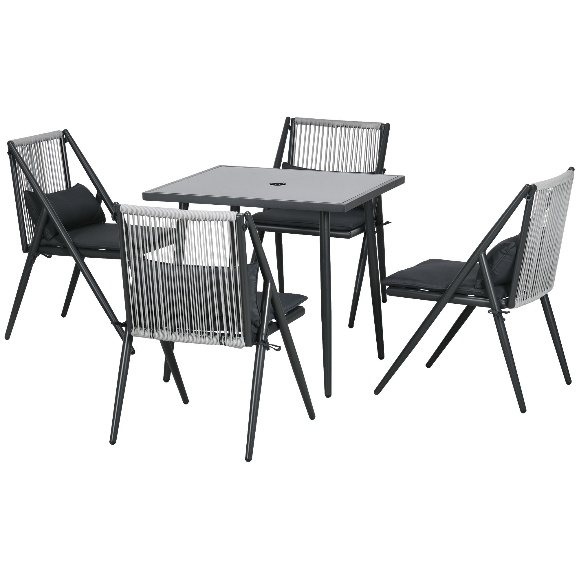 Outsunny Conjunto de jardin 4 sillas y 1 mesa conjunto de jardin 5 piezas con cojines plato de cristal templado gris oscuro