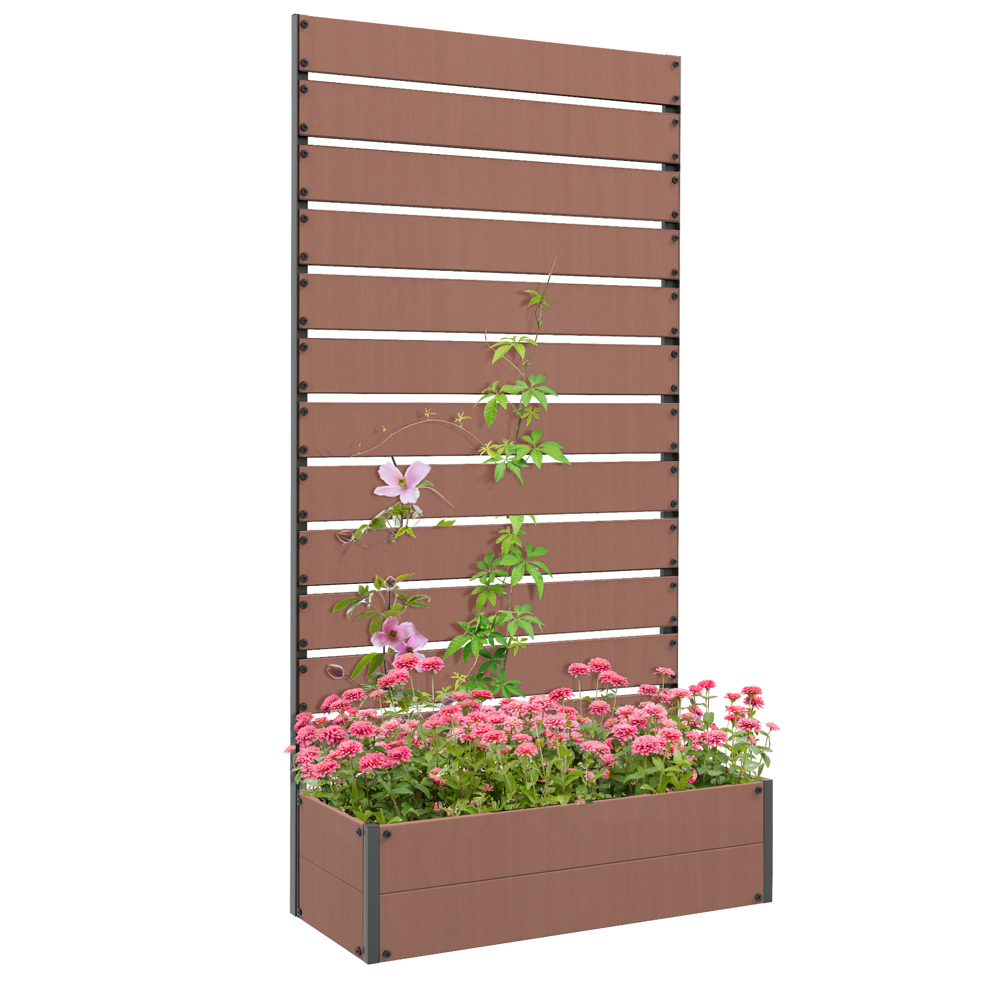 Outsunny Fioriera rialzata con griglia per piante rampicanti bacino per fiori da 64L, legno composito-plastica e alluminio