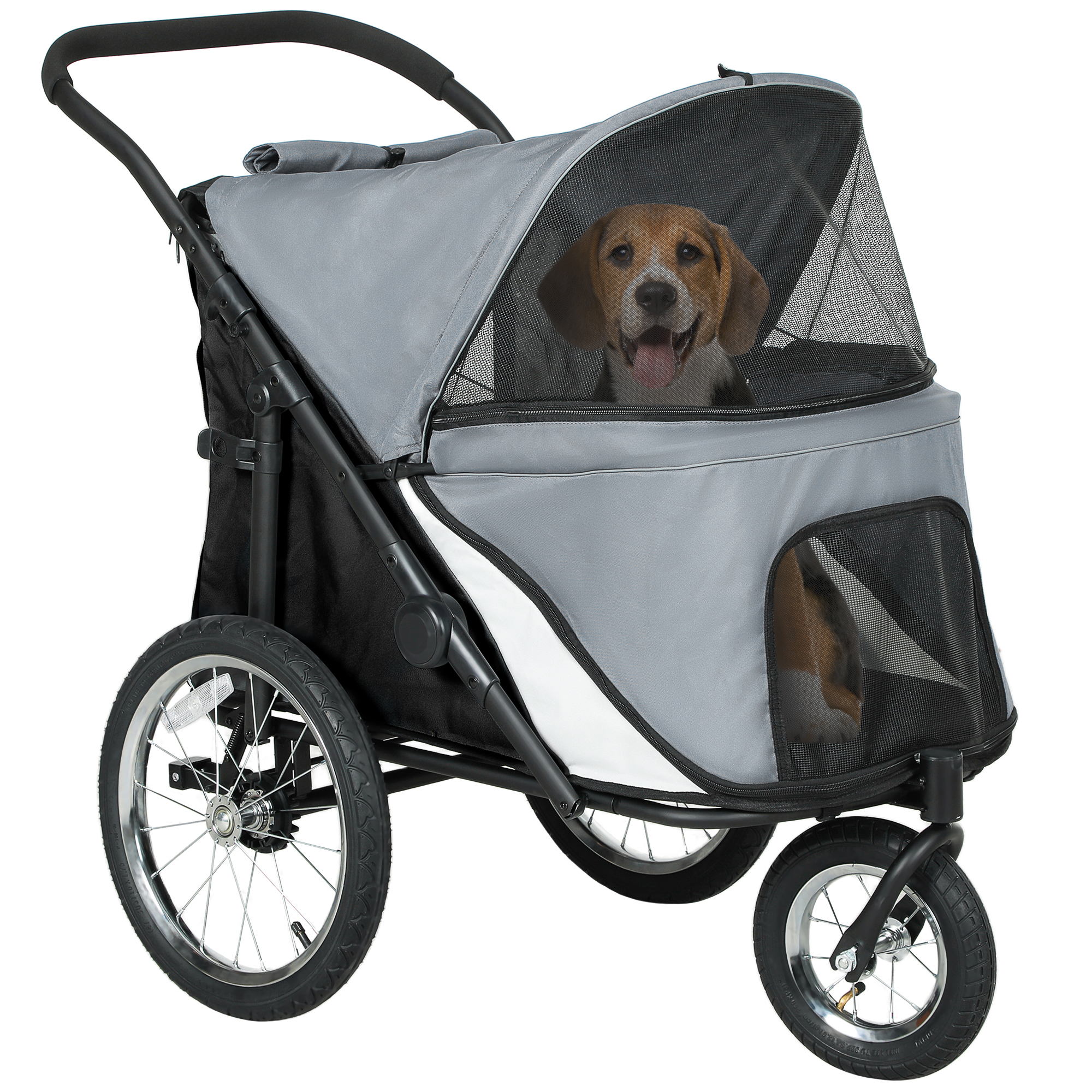 PawHut Passeggino per cani 3 ruote con piegatura facile, borsa portaoggetti, cuscino soffice, guinzaglio di sicurezza, grigio