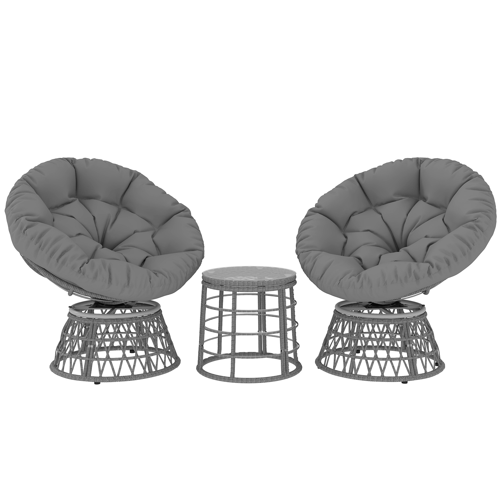 Outsunny Set da giardino 3 pezzi con 2 poltrone papasan girevoli e 1 tavolino basso rotondo in poliestere rattan PE