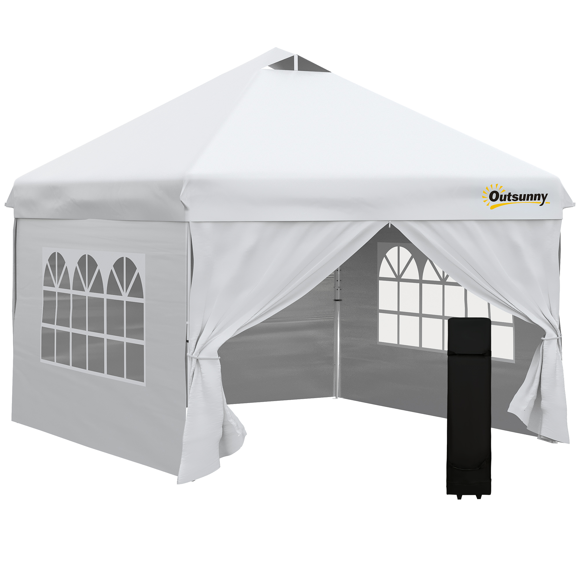 Outsunny Carpa de jardín emergente tente de jardin barnum 3x3 m altura ajustable con 4 paredes laterales removibles, ventanas, bolsa de transporte con ruedas - blanco