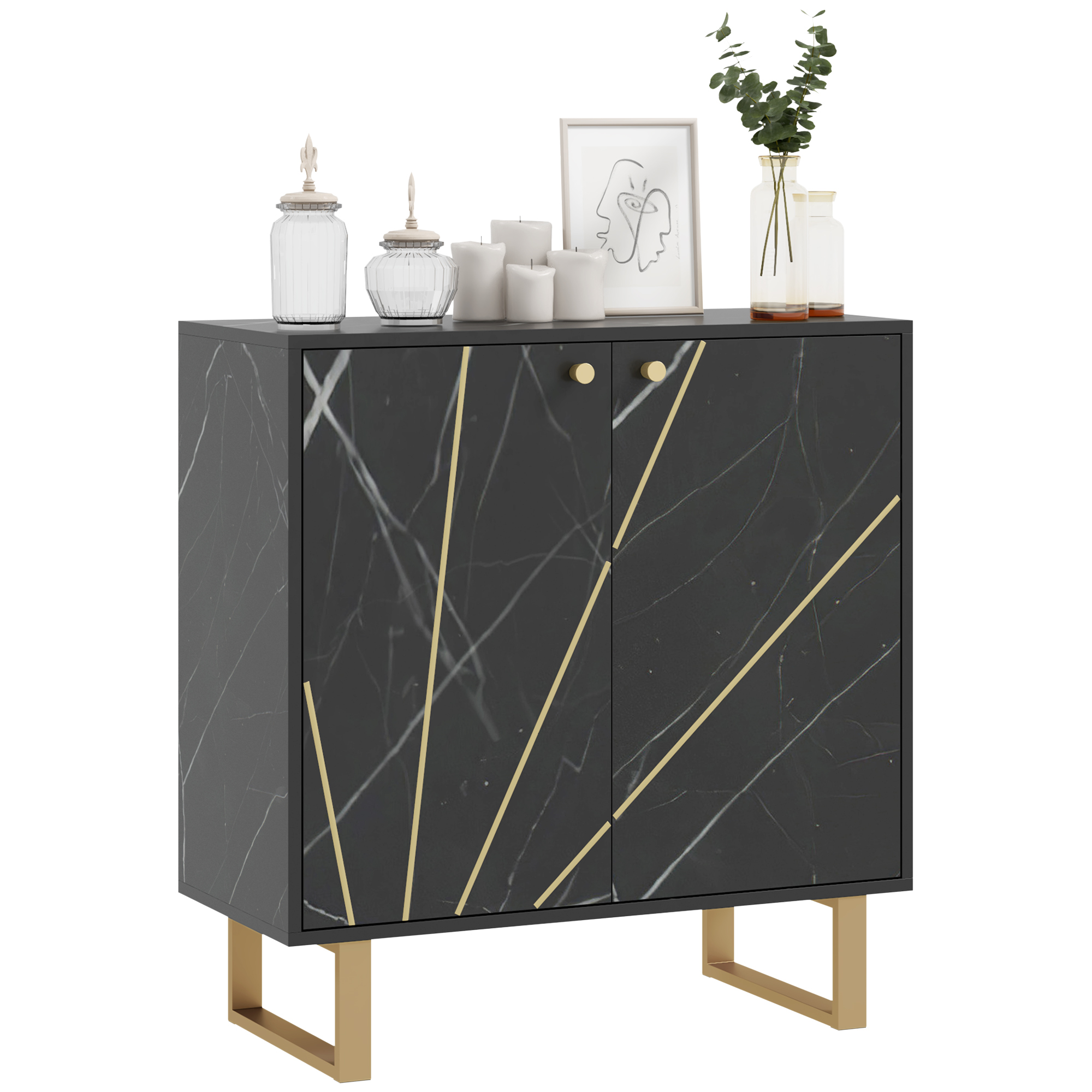 Image of HOMCOM Crossoenza da archiviazione con 2 porte e ripiano regolabile piedini in metallo 76 x 35 x 77 cm marmo nero006