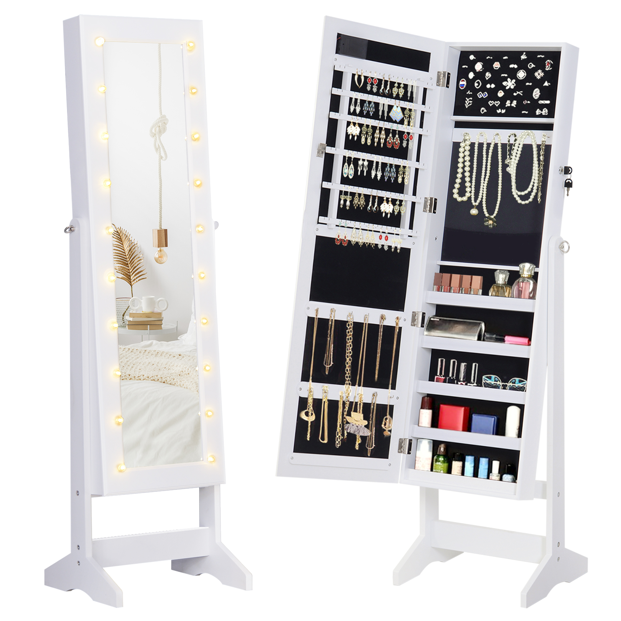 HOMCOM Schmuckschrank Schmuckkoffer Verstellbarer Spiegel 20 LED-Lichter, Holz, Weiß, 40x37x146 cm Aosom