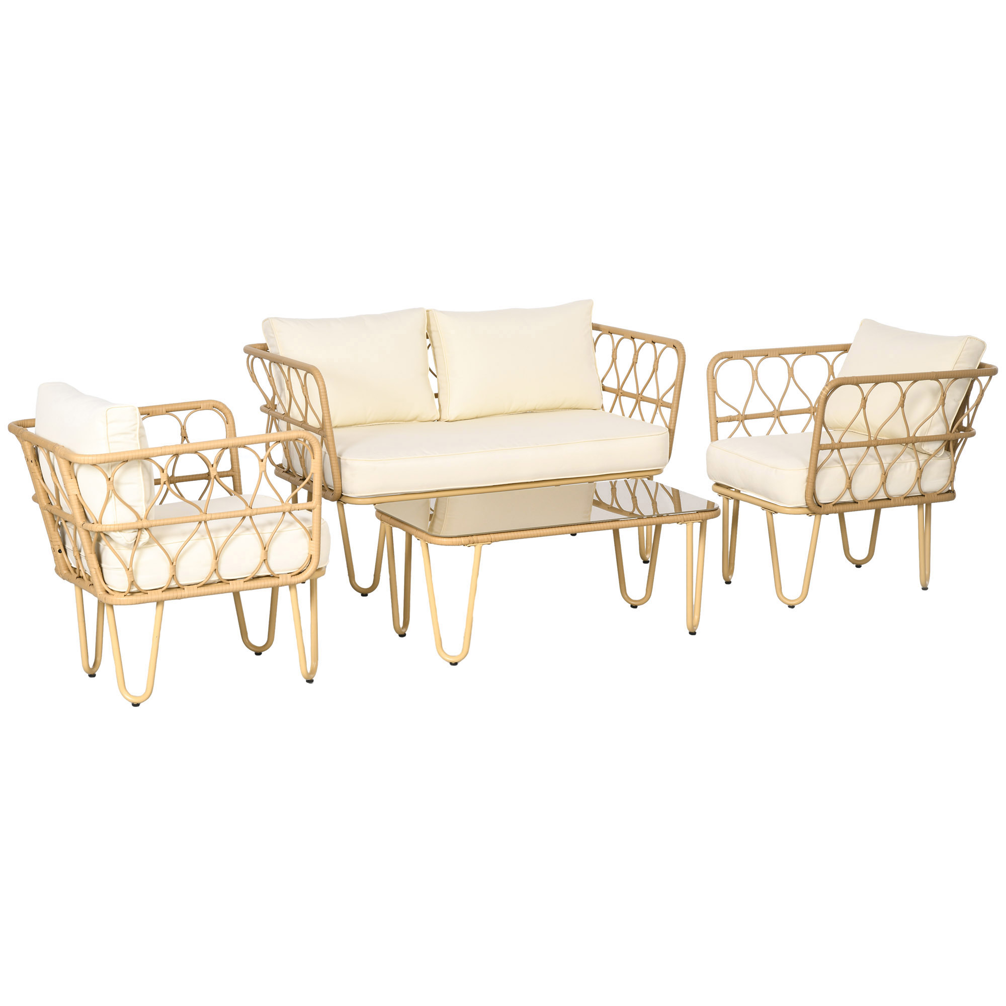 Outsunny Set salotto da giardino divano 2 posti + 2 poltrone + 1 tavolino piano vetro temperato 7 cuscini crema