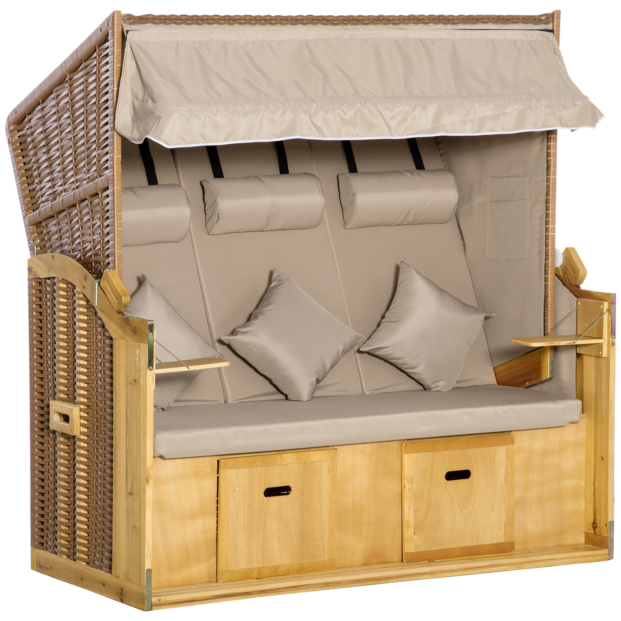 Outsunny Silla de playa Tumbona con Techo 2 Mesas Abatibles Reposapiés Tumbona Reclinable de 5 Posiciones Ratán Sintético 150x79x160 cm   Aosom España