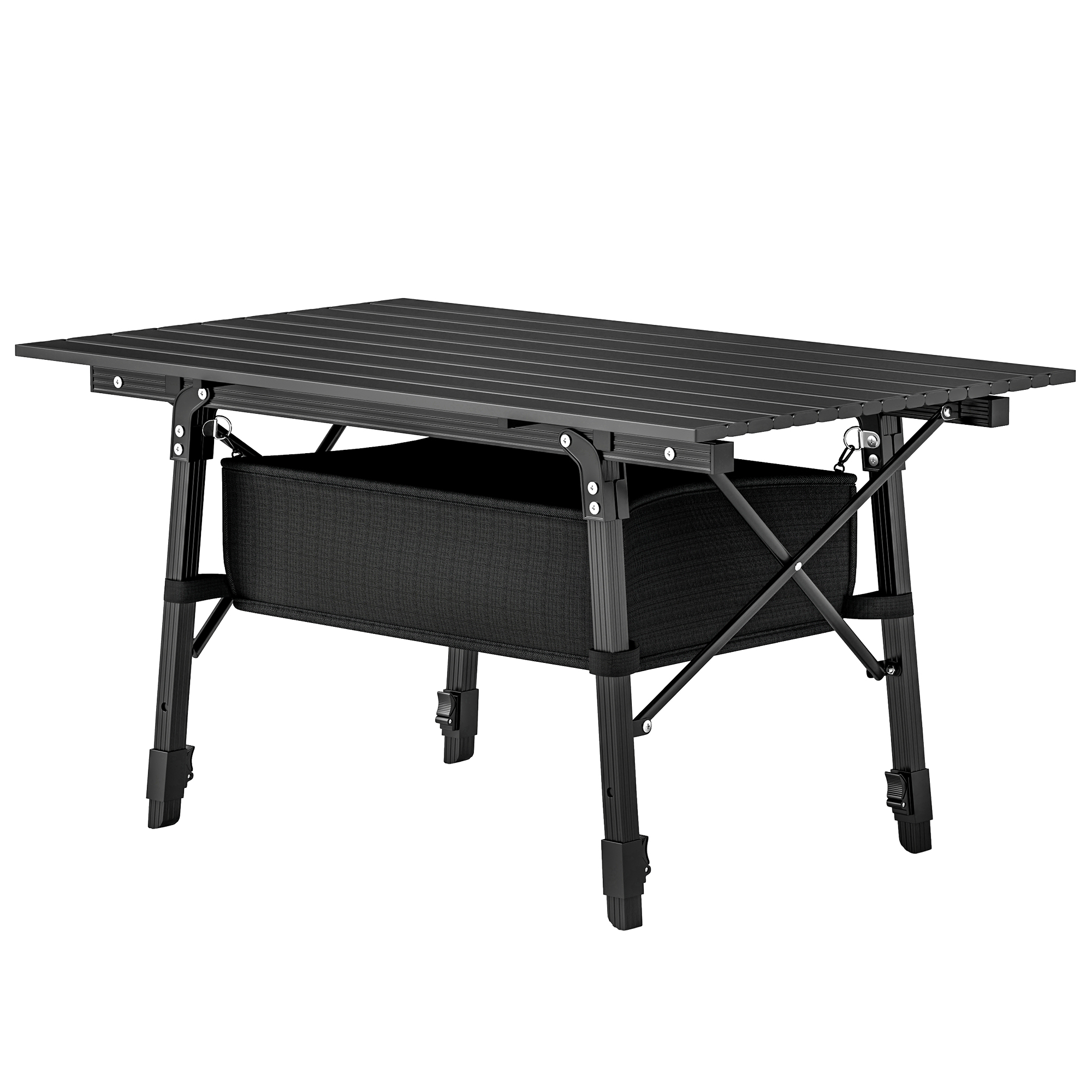 Table de camping Outsunny avec panier de rangement, ajustable en hauteur, pliable, en aluminium, noir