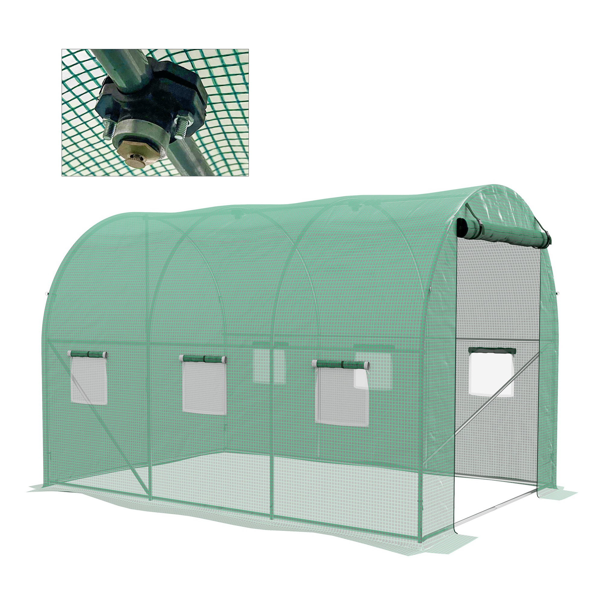 Outsunny Invernadero de Jardín Tunnel 6 m² con Sistema de Riego Integrado, 3L x 2l m 6 Ventanas Puerta Enrollable Verde