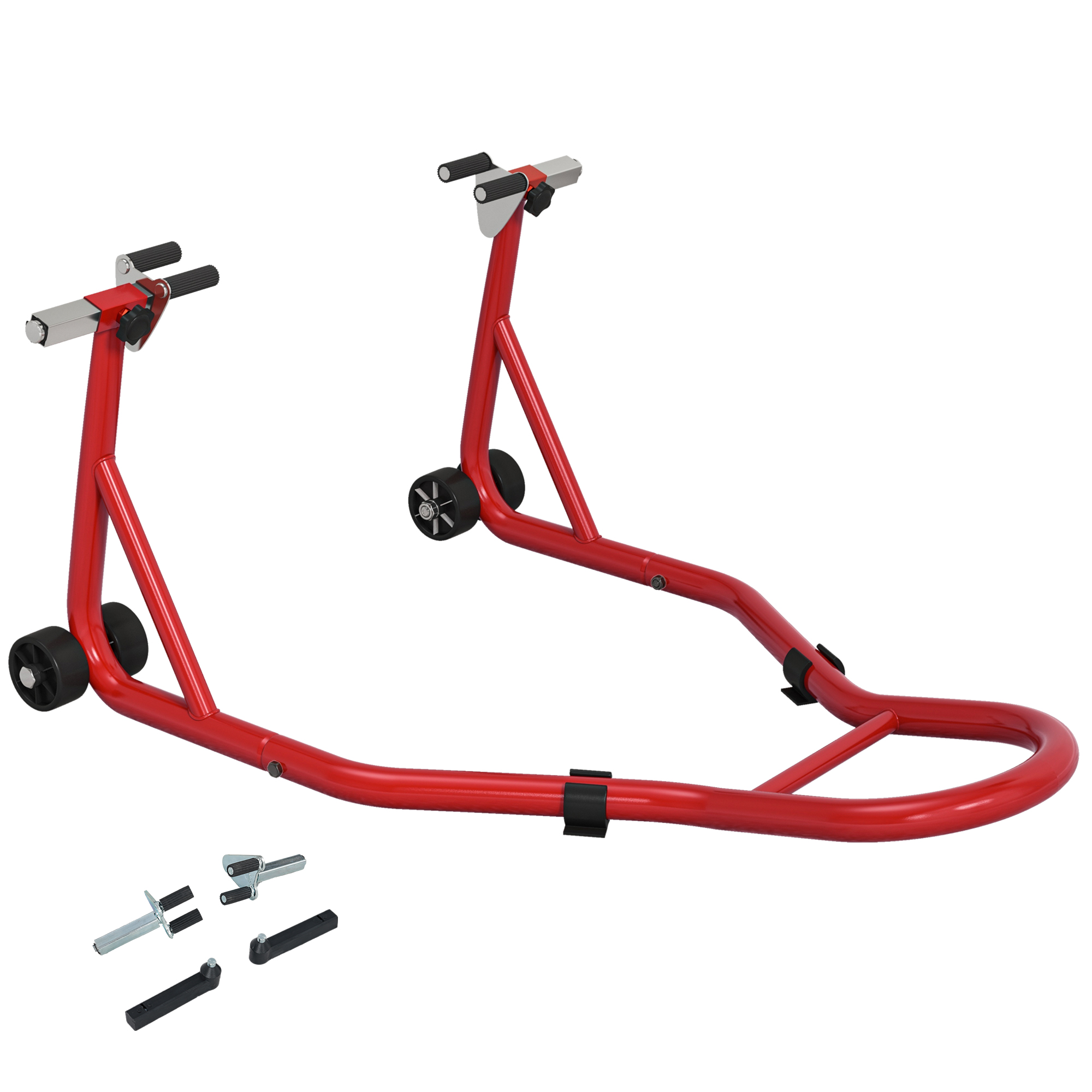 HOMCOM Soporte para moto, caballete delantero para moto con brazo oscilante en U y en L, soporte universal para taller, rojo