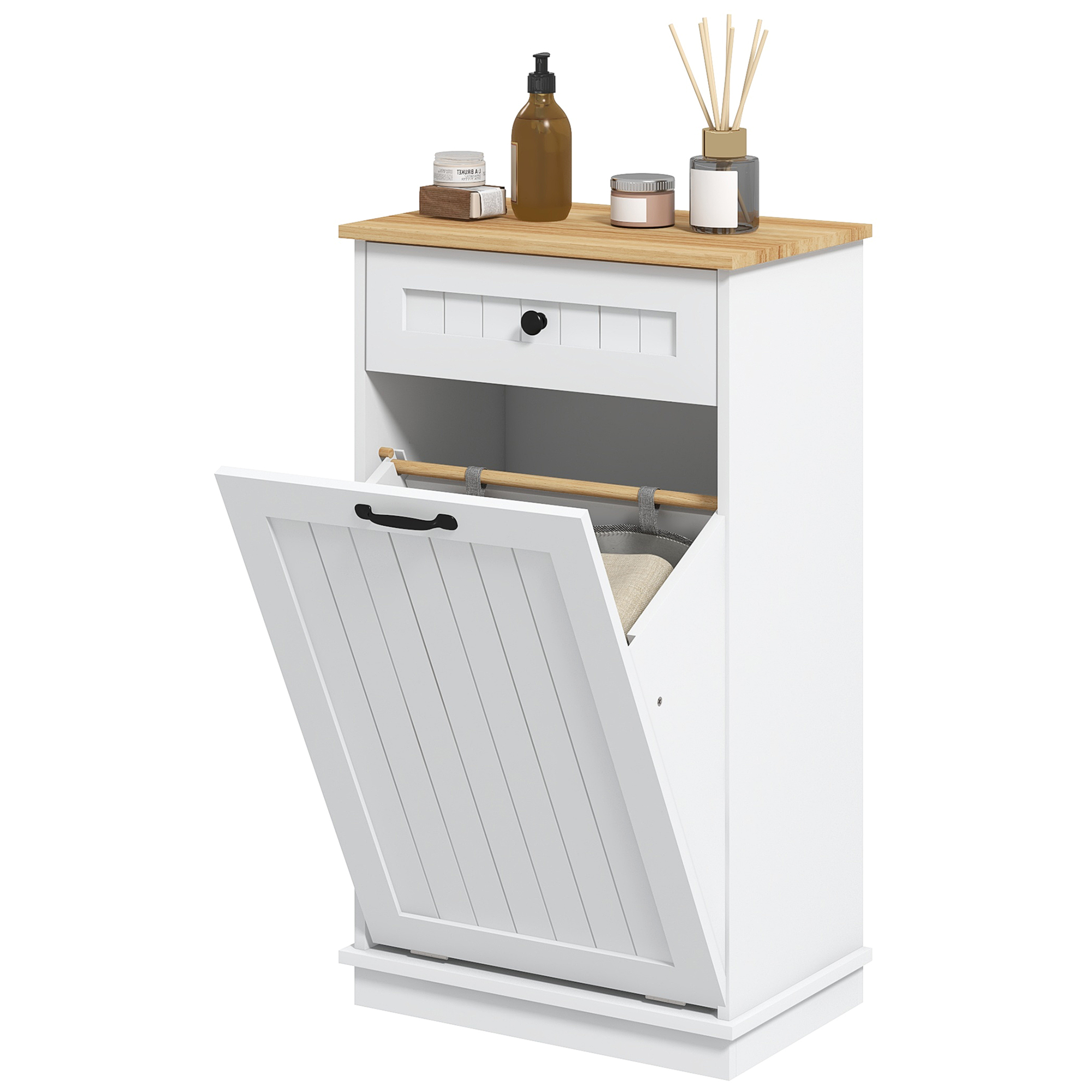 HOMCOM Badezimmerschrank mit Wäschesack und Schublade, Schrank mit Wäschekorb aus Holz und Innenkorb aus Stoff, Weiß Aosom