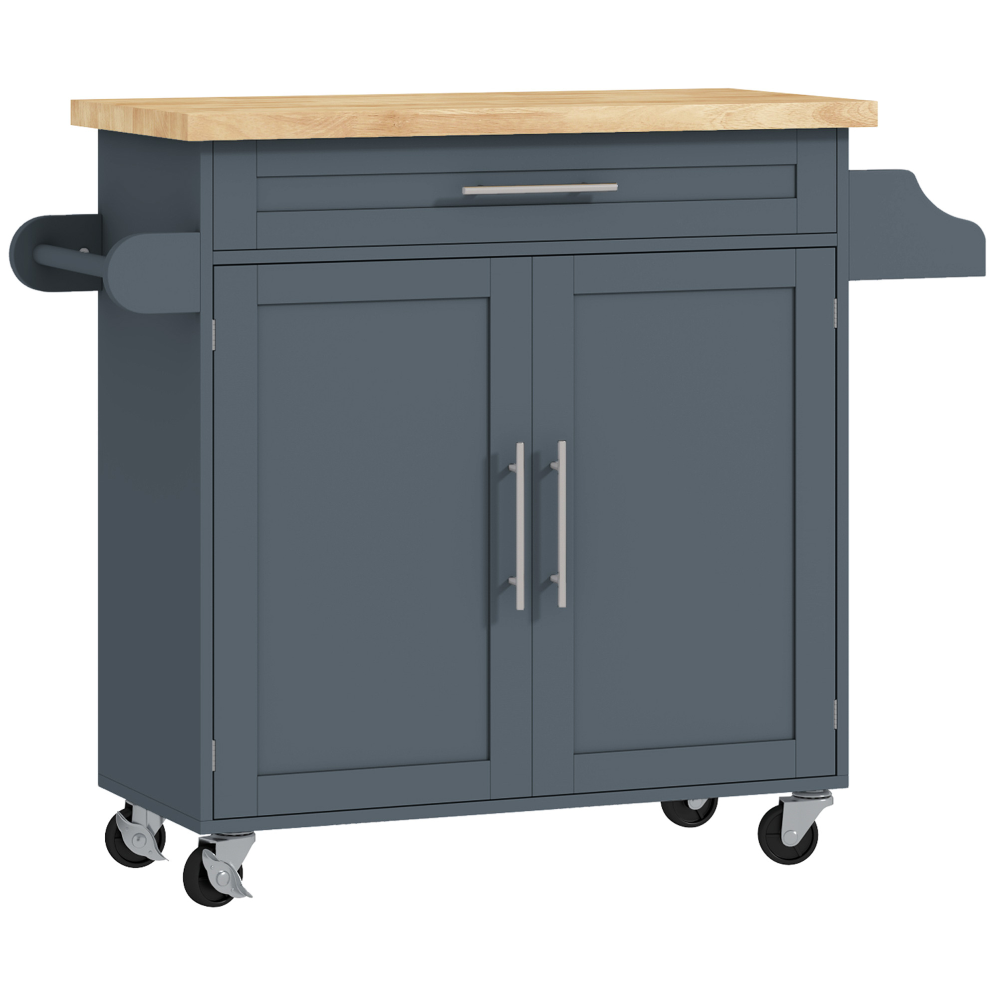 HOMCOM Küchenwagen Mehrzweckwagen mit Schublade, Rollen, Gewürzhalter und Schrank, Küchenmöbel mit verstellbarem Regalboden, Handtuchhalter und Holzauflage aus Kautschukholz, 109x40x89 cm, Grau Aosom