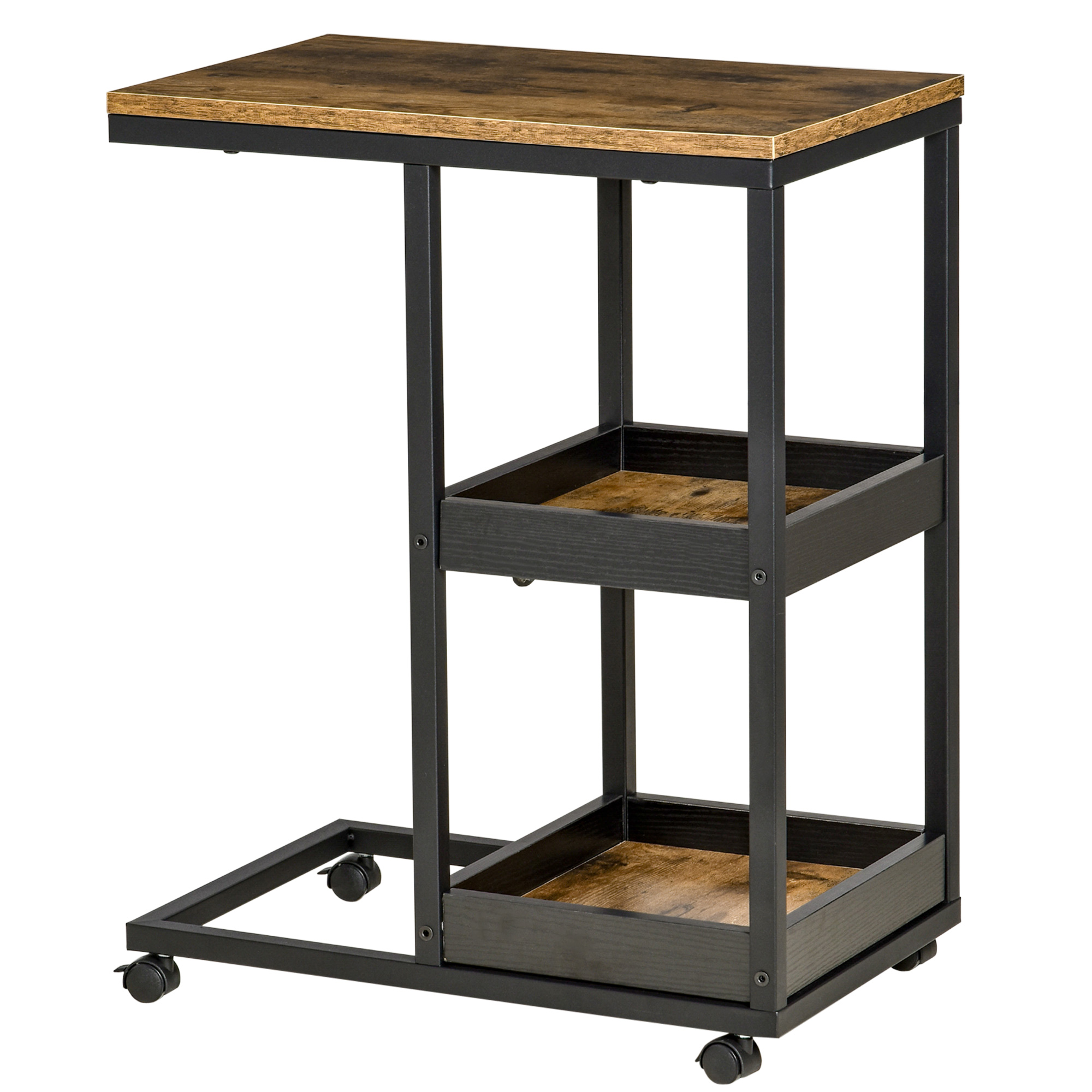 HOMCOM Table d'Appoint avec Roulettes pour Canapé ou Lit, Style Industriel, Acier et Bois, Marron et Noir