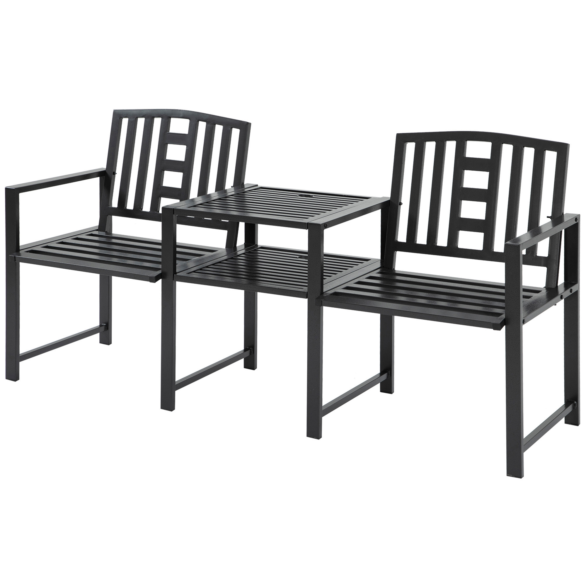 Outsunny Moderne Gartenbank für 2 Personen mit Tisch und Sonnenschirmloch für die Außenausstattung 165x56x85,5 cm Schwarz Aosom