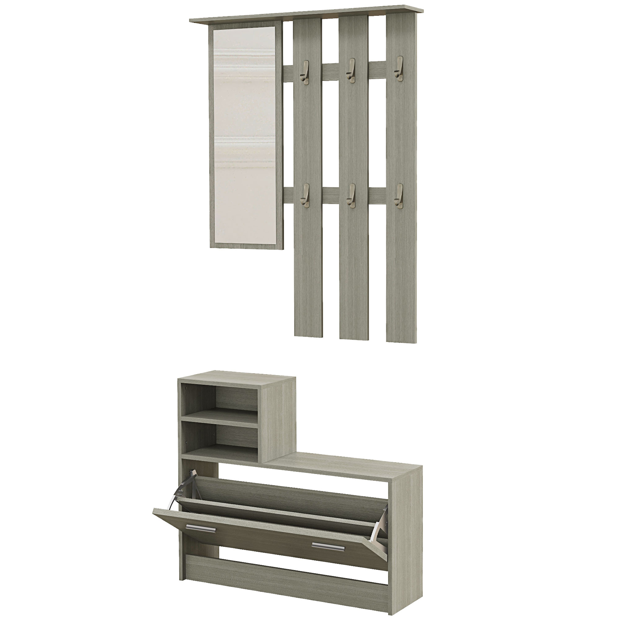 HOMCOM Set 4 in 1 Möbelset für den Eingangsbereich mit Garderobe, Spiegel, Bank mit Regal und Schuhablage für 8 Paar Schuhe, Grau Aosom