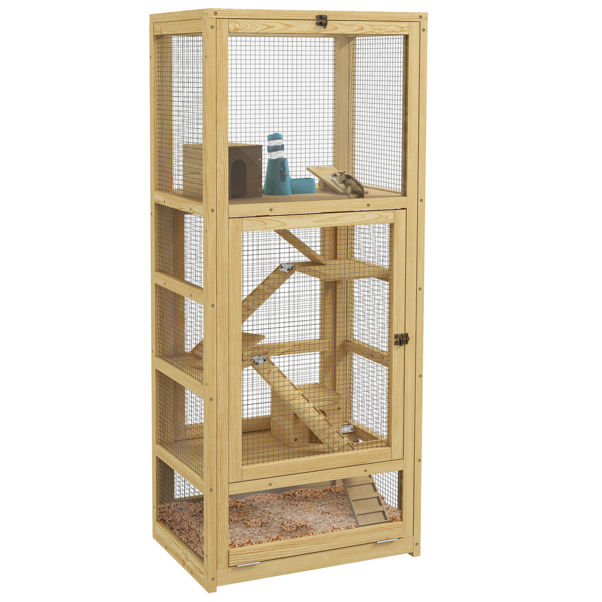 PawHut Jaula para hámsters o pequeños animales de madera 5 niveles con escalera cabaña columpio 54x38x131 cm natural | Aosom España
