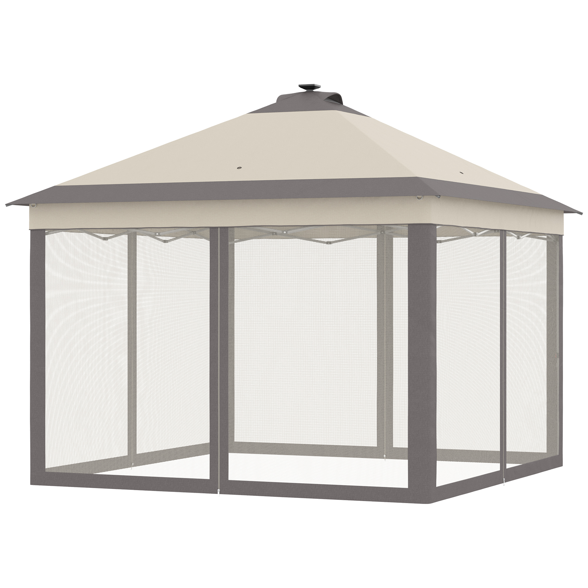 Outsunny Tente Pliante avec Lumières LED 3,3x3,3 m Tonnelle de Jardin avec Télécommande avec 4 Moustiquaires Hauteur Ajustable Beige