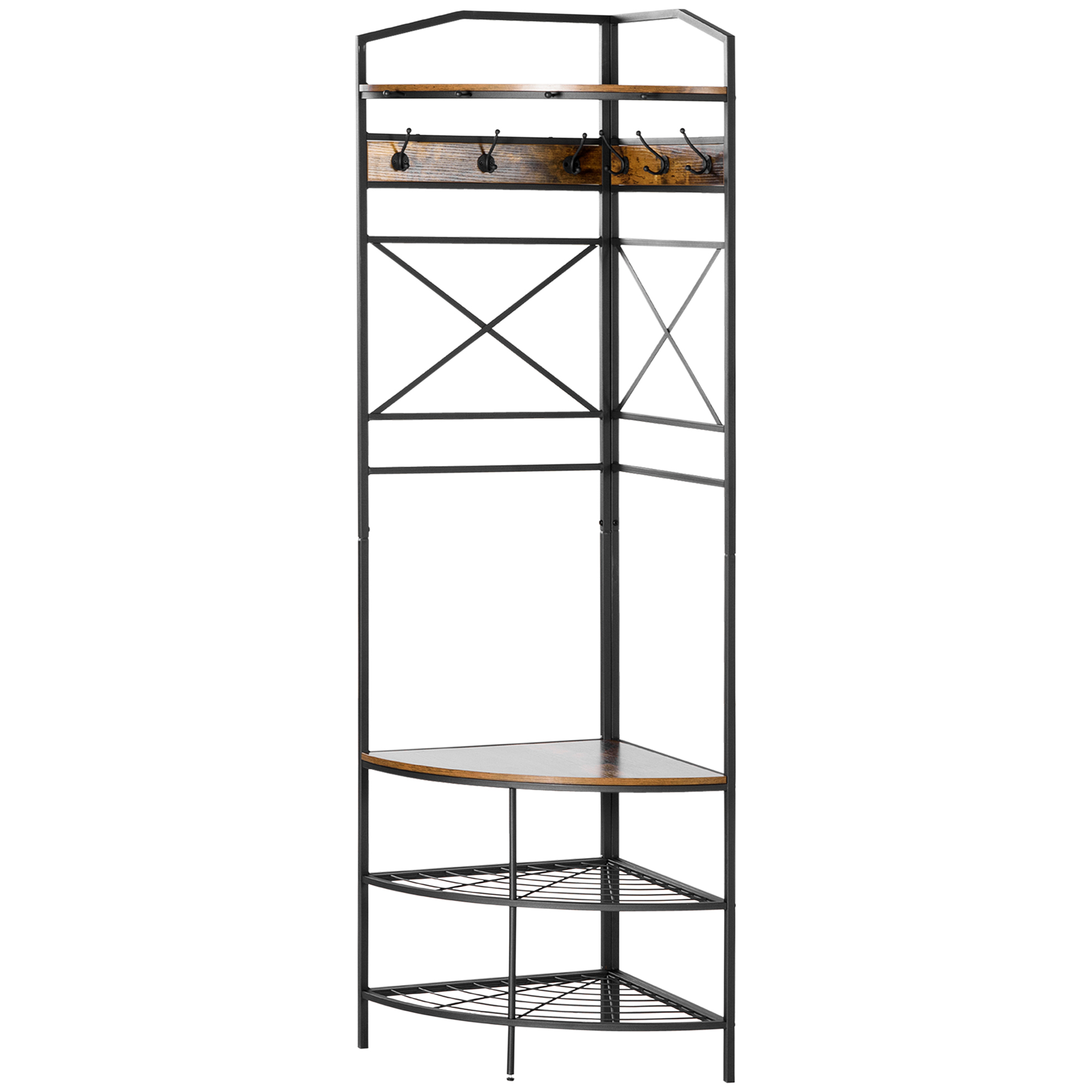 HOMCOM Bodenständer für Kleidung mit Haken, Eingangsmöbel Eck-Kleiderständer mit Bank und Schuhregal, Regal im industriellen Stil, 50x50x183cm, Braun Aosom