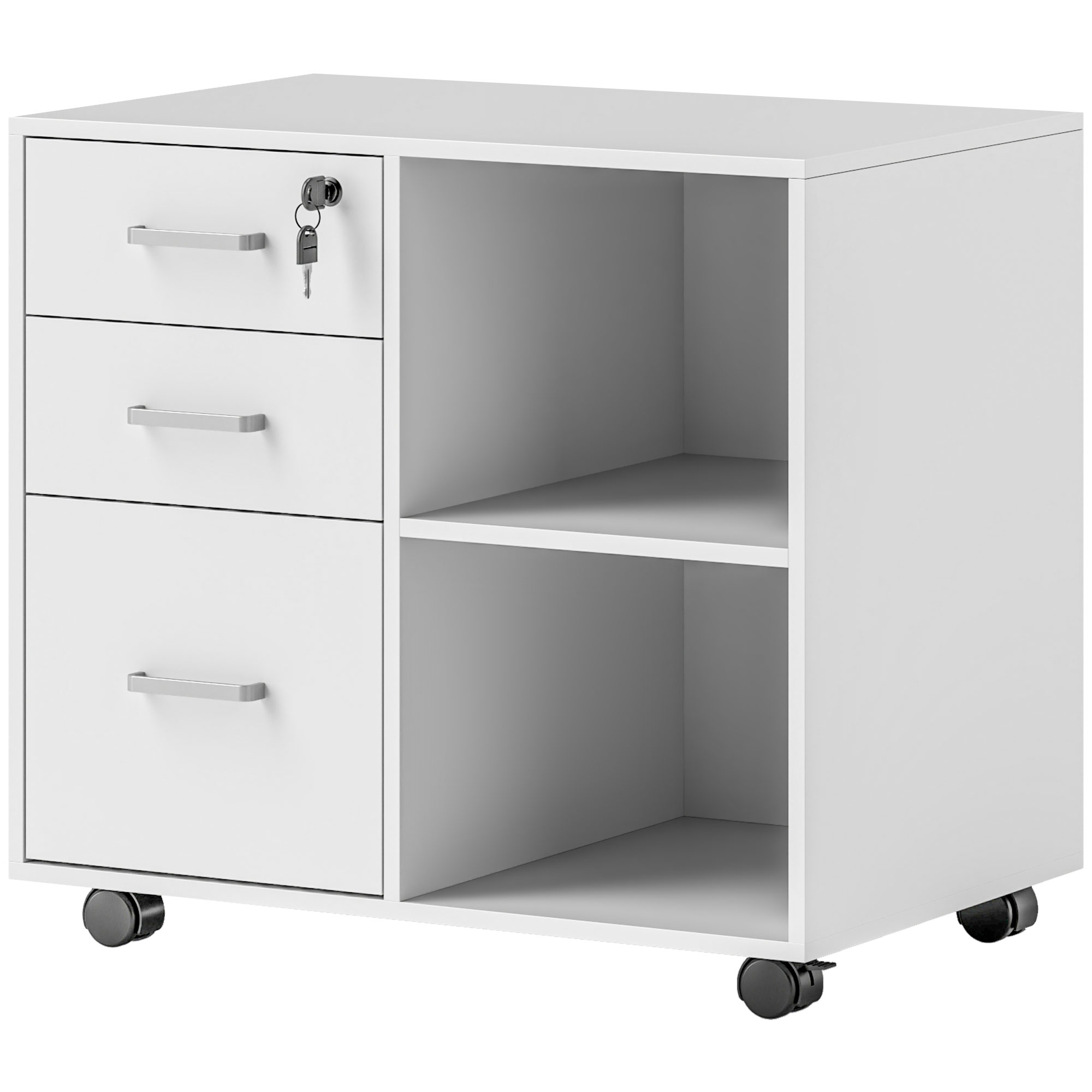 HOMCOM Bürocontainer mit 3 Schubladen, Büromöbel aus Holz mit Rädern, 2 Fächer und Schublade mit Schloss und Schlüssel, für Büro und Studium, 60x40x56 cm, Weiß Aosom