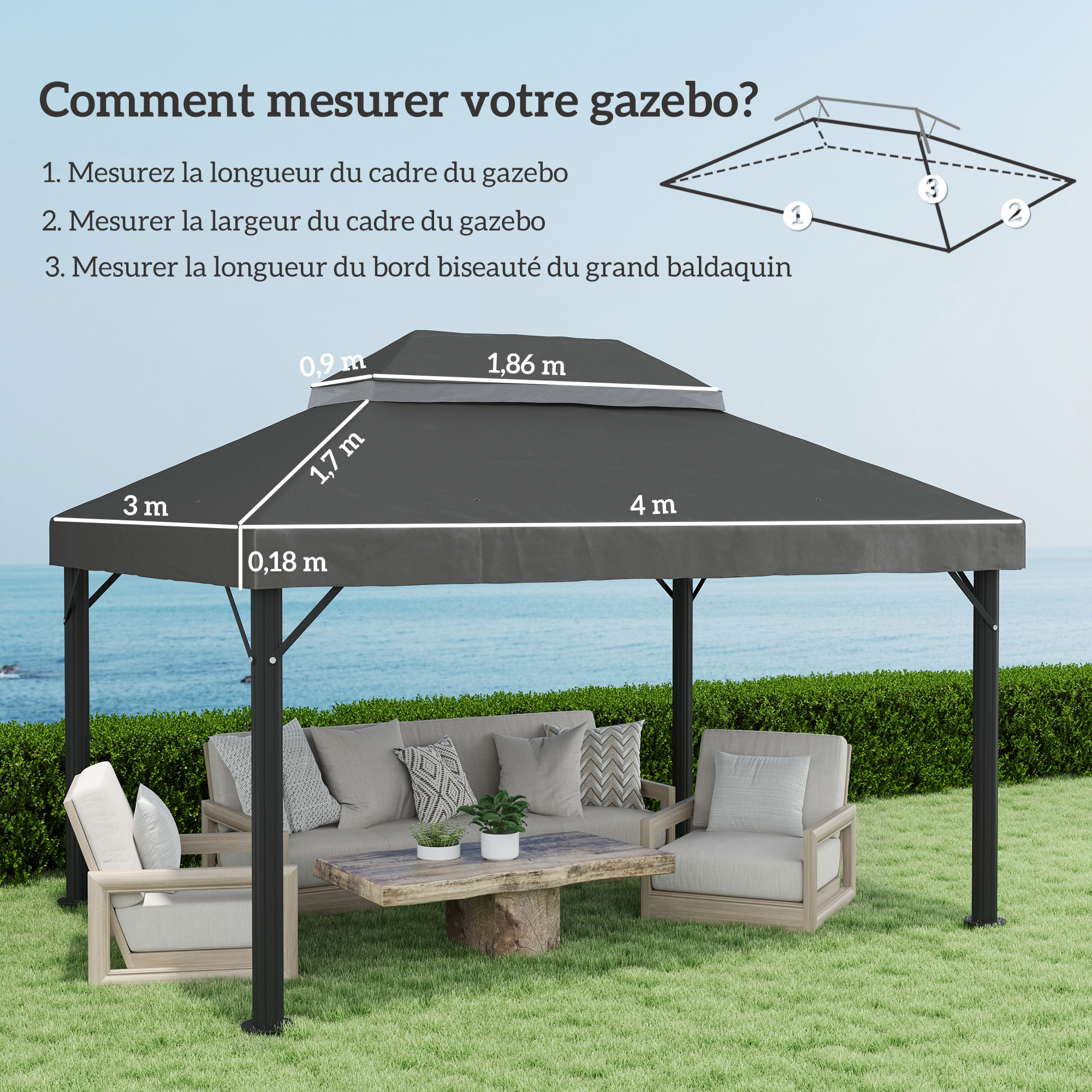 Techo De Repuesto Para Cenador Outsunny 4x3 M – Cubierta Doble De Poliéster Con Protección UV Y 10 Orificios De Drenaje, Fácil Instalación Con Velcro