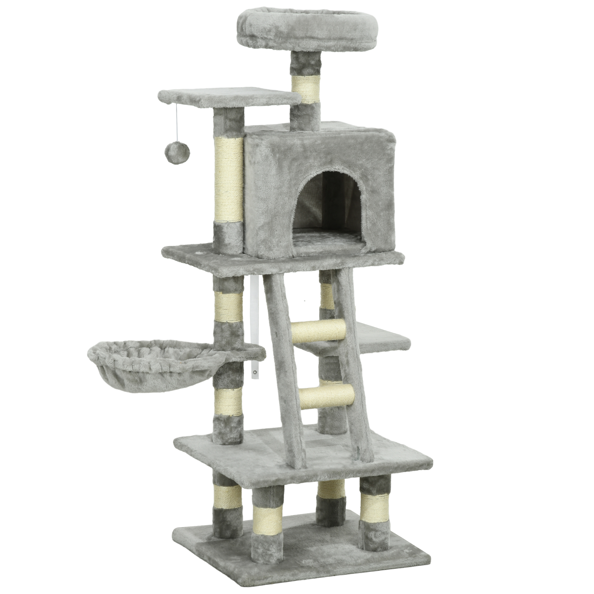 PawHut Árbol para gatos multi-equipado rascadores arañazos cubículos plataformas + escalera + hamaca + bola suspendida Gris | Aosom España