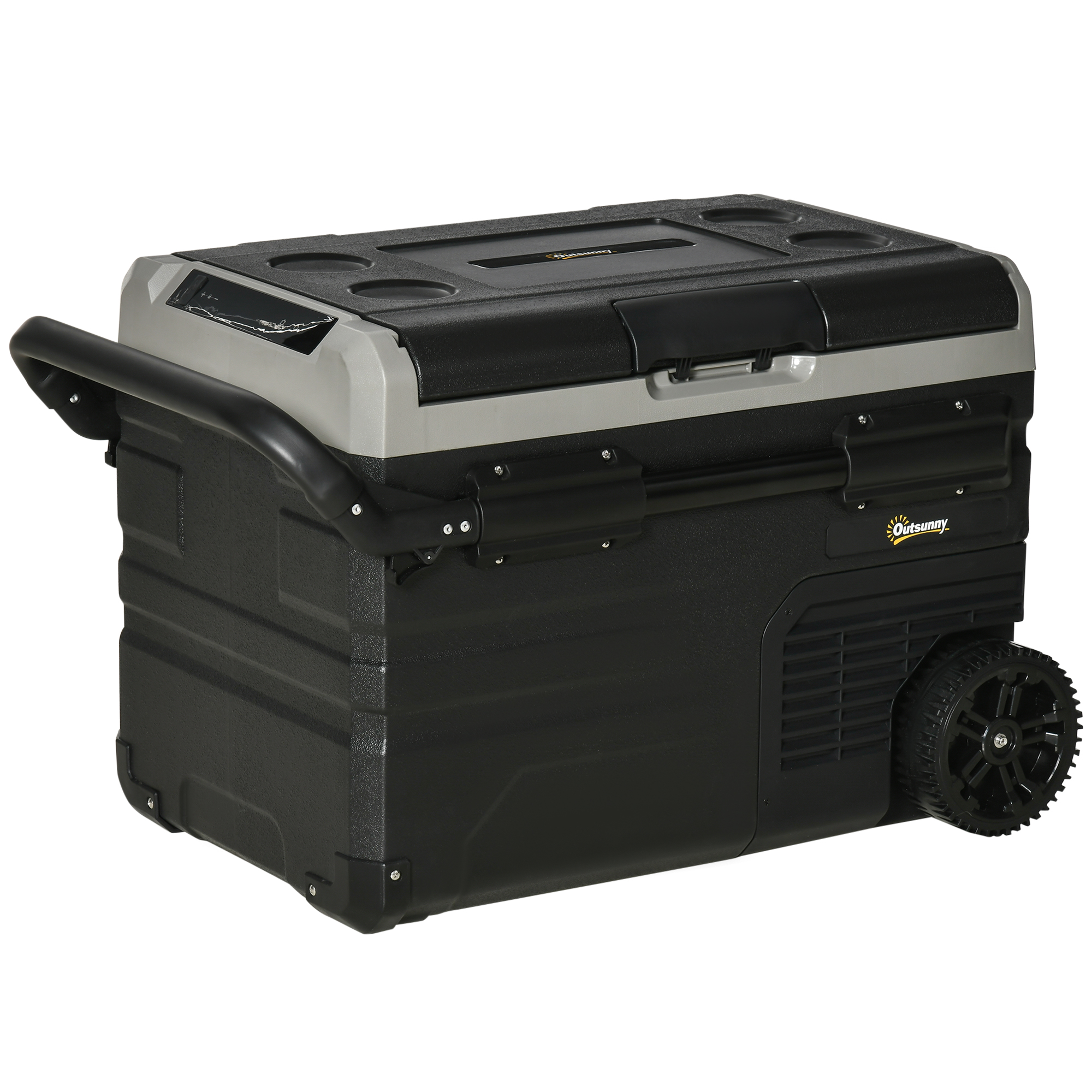 Image of Outsunny Box Frigo Auto 40L con Illuminazione a LED Compressore Frigorifero da Auto con Manici Ruote Trasporto Barca Camper Viaggi 12/24V DC e 110-240V AC Nero+Grigio006
