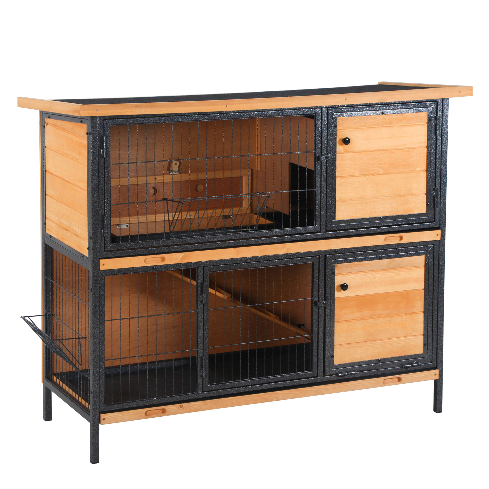 PawHut Gabbia per conigli esterna 2 piani tetto in bitume 4 porte bloccabili 122 x 50 x 101 cm legno naturale nero