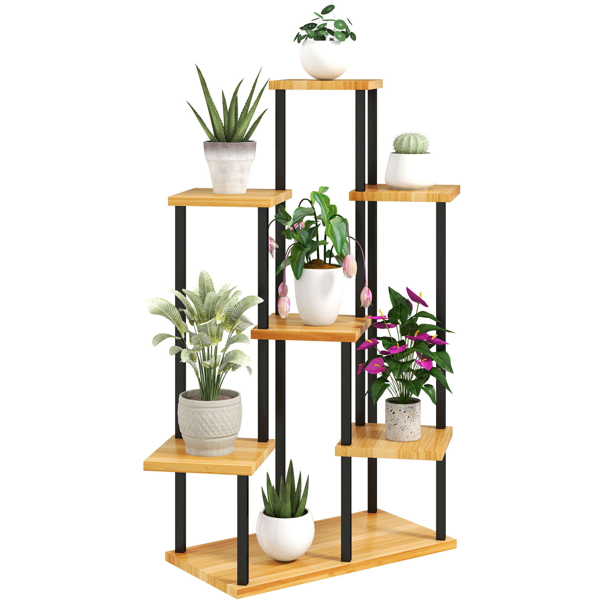 Image of Outsunny Supporto per piante a 7 livelli per interno ed esterno, scaffale piante in acciaio e legno, legno naturale006