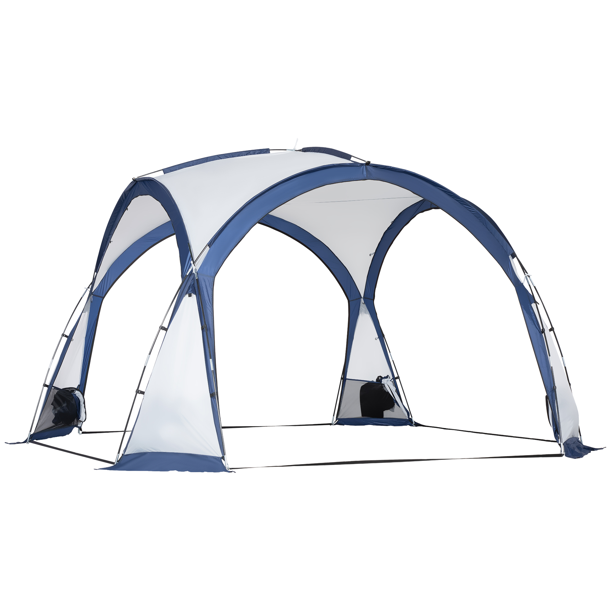 Outsunny Tienda de campaña tipo cúpula familiar para 6-8 personas con 4 puertas con mosquitero y cremallera, tejido Oxford extraíble, gancho para lámpara, bolsa de transporte dim. 350L x 350W x 230H cm - blanco y azul