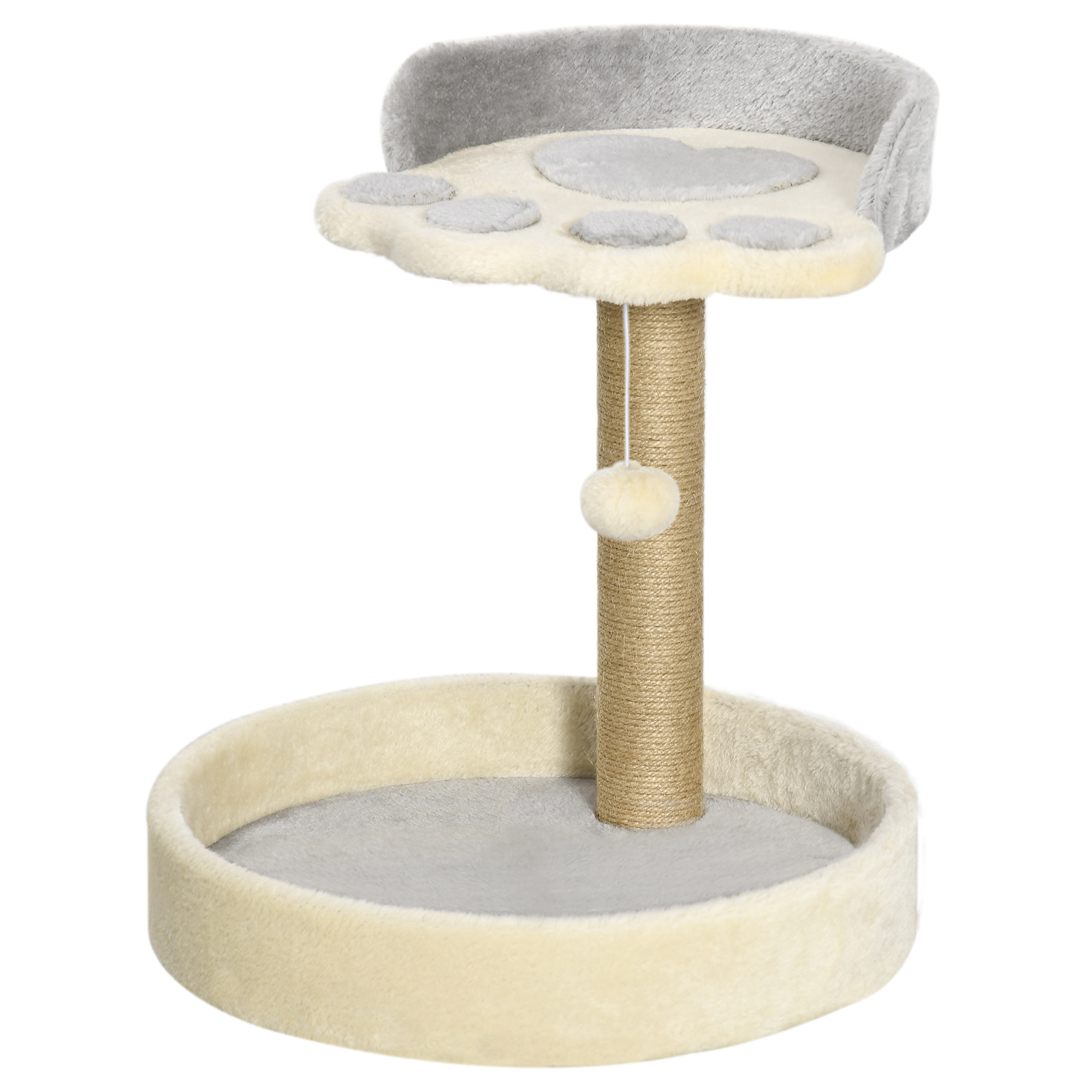 PawHut Design-Kratzbaum-Kratzbaum in Pfotenform mit 2 Plattformen und einem hängenden Plüsch-Pompon überzogen - Hellgrau Aosom