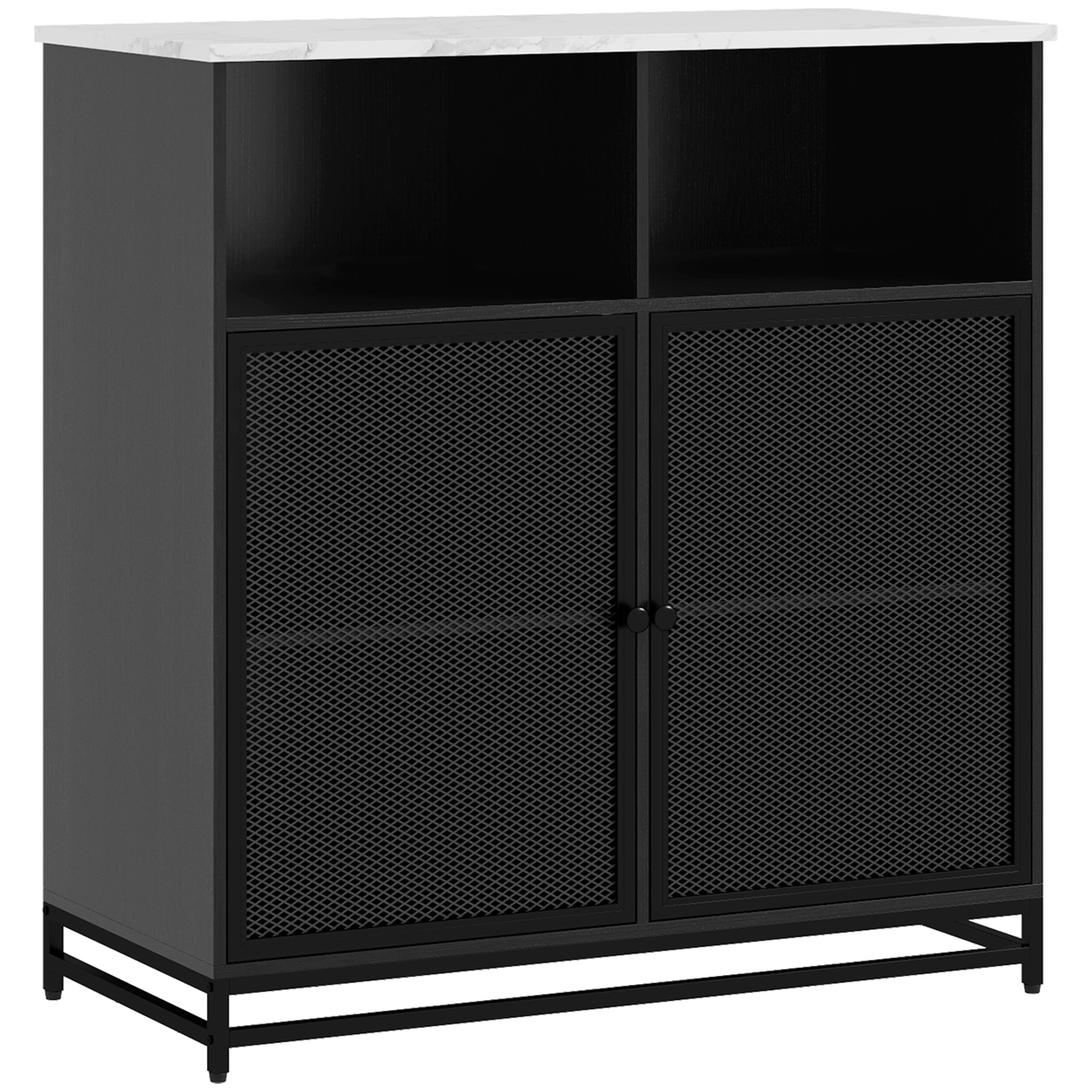 HOMCOM Buffet mueble de almacenamiento con acabado de mármol y doble puerta de rejilla, 86 x 40 x 90 cm, blanco y negro