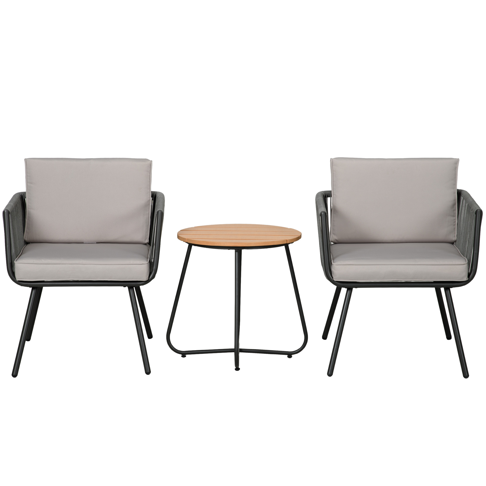 Outsunny Set da giardino in rattan sintetico 3 pezzi struttura in acciaio 2 poltrone + tavolino cuscini inclusi grigio