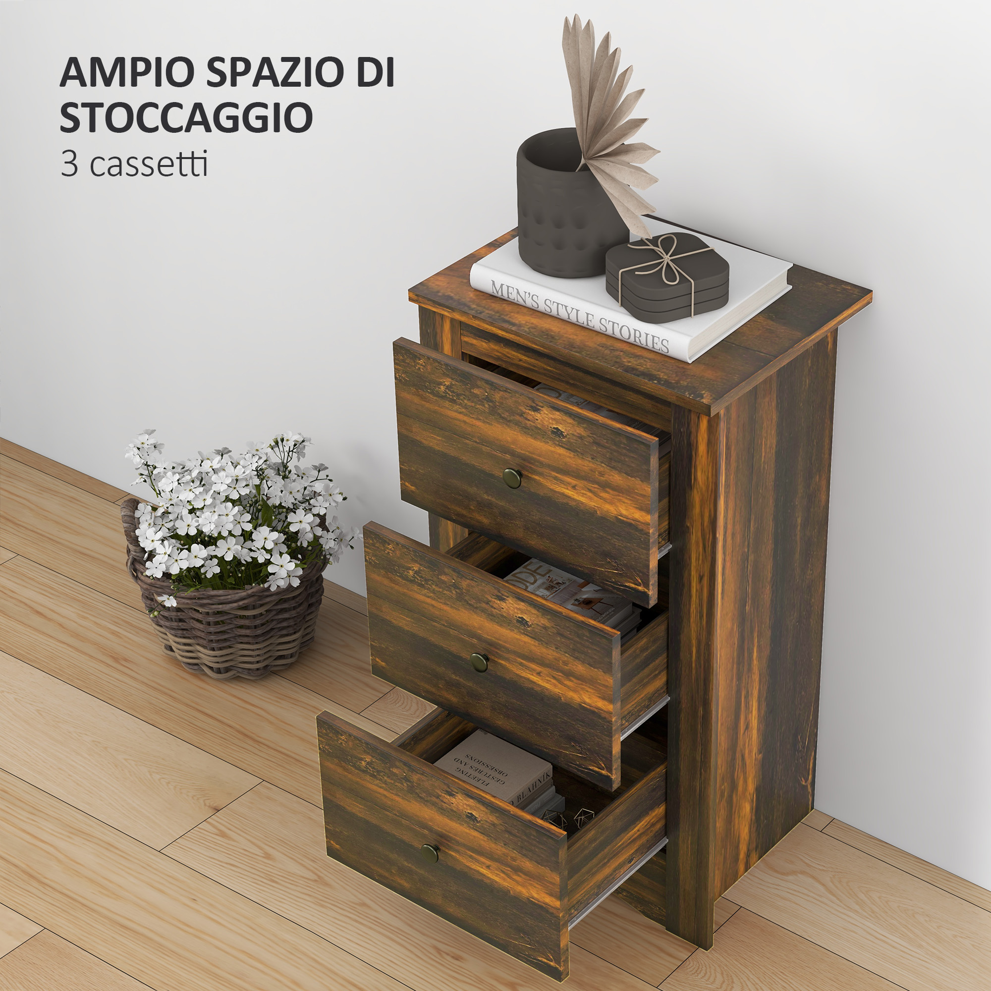 Comodino HOMCOM 3 Cassetti Stile Rustico - Legno 40x30x74cm Marrone - Per Camera Da Letto - Foto 13