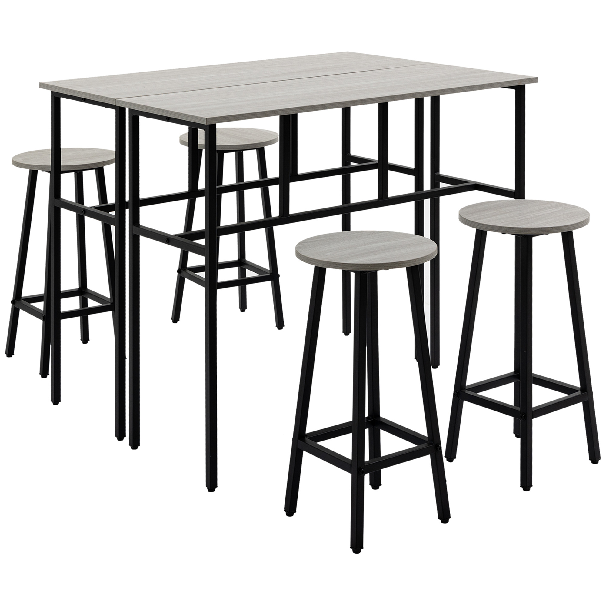 HOMCOM Set de Bar 6 Piezas con 4 Taburetes de Bar y 2 Mesas Altas de Tablero de Aglomerado y Acero para Cocina y Salón, Gris