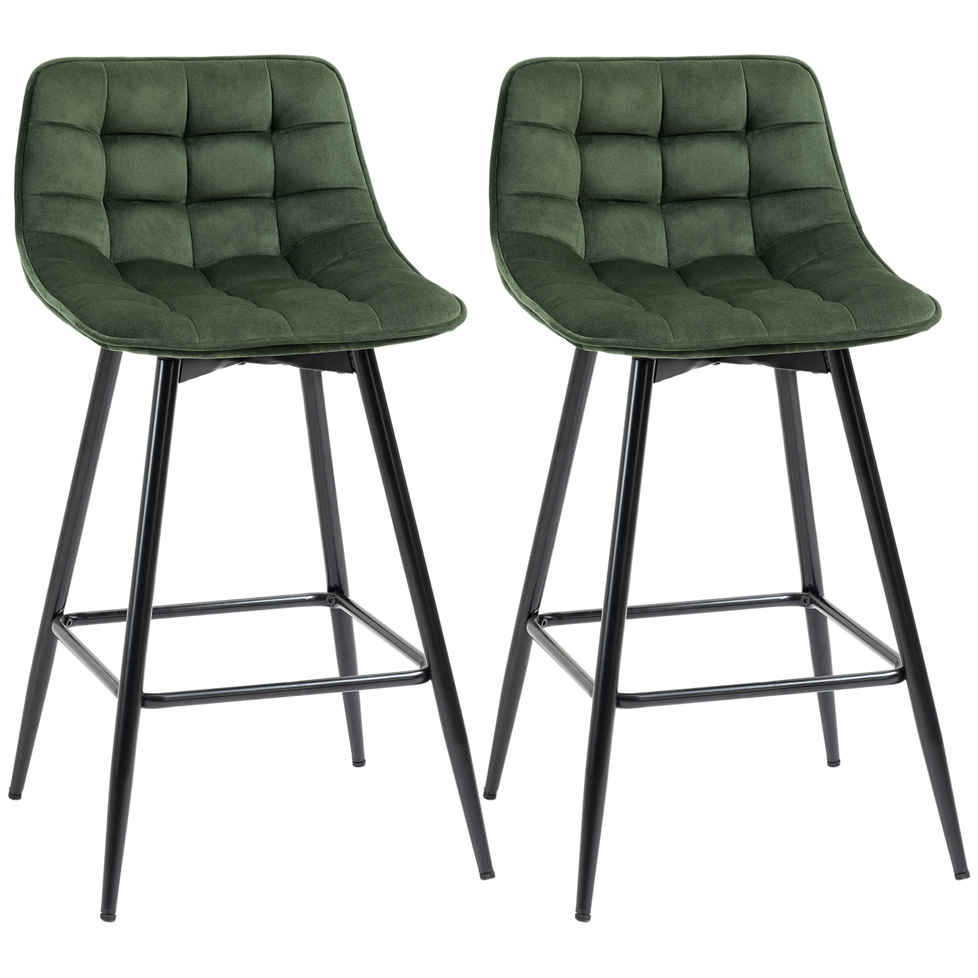HOMCOM Set 2 Sgabelli da Bar con Respaldo y Reposapiés Estilo Nórdico en Metal y Terciopelo, Verde, 45x47x84 cm