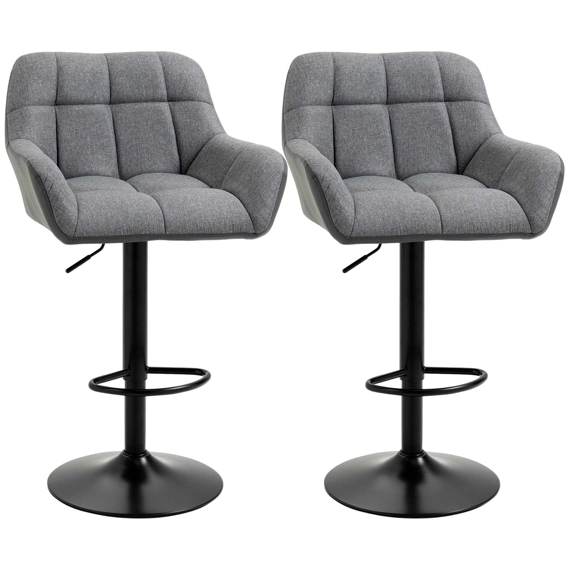 HOMCOM Taburete de bar 2er Set Diseño Retro Ajustable en Altura Piel sintética Aspecto de Lino Gris + Negro