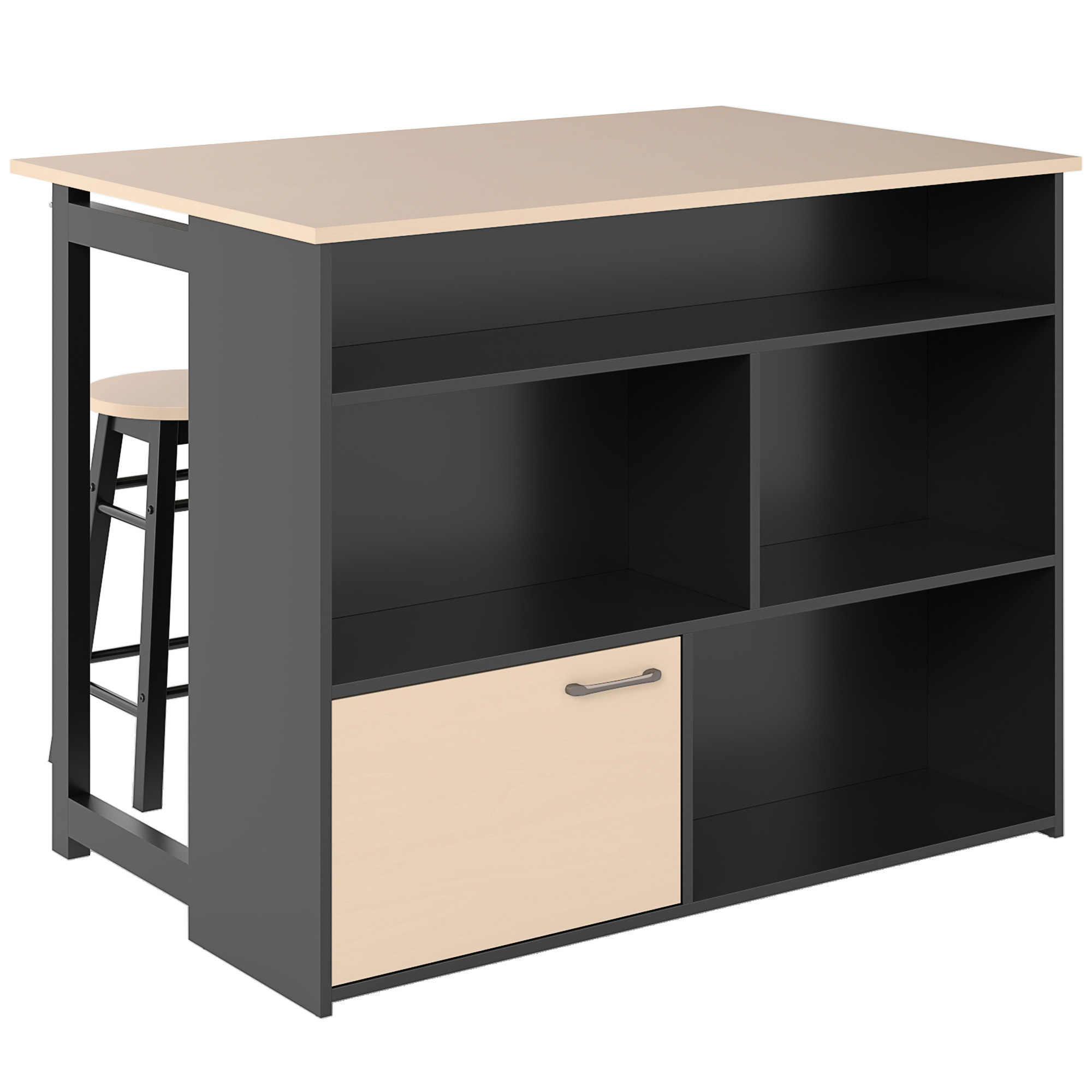 HOMCOM Conjunto de Mesa alta de 3 piezas mesa de bar con tablero plegable 2 taburetes 6 estantes Negro + Roble 116x70x89,5 cm   Aosom España