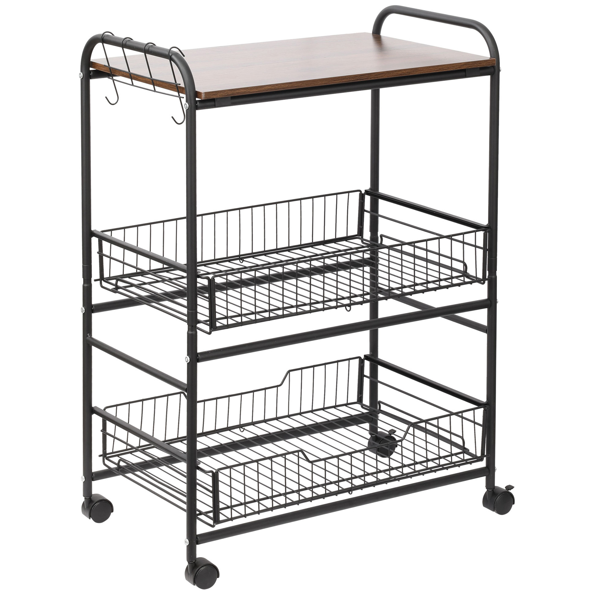 HOMCOM Carrito de Cocina de 3 Niveles, Carretilla con Ruedas de Estilo Industrial 2 cestas deslizantes - Metal Negro Bandeja Aspecto Madera de Nogal
