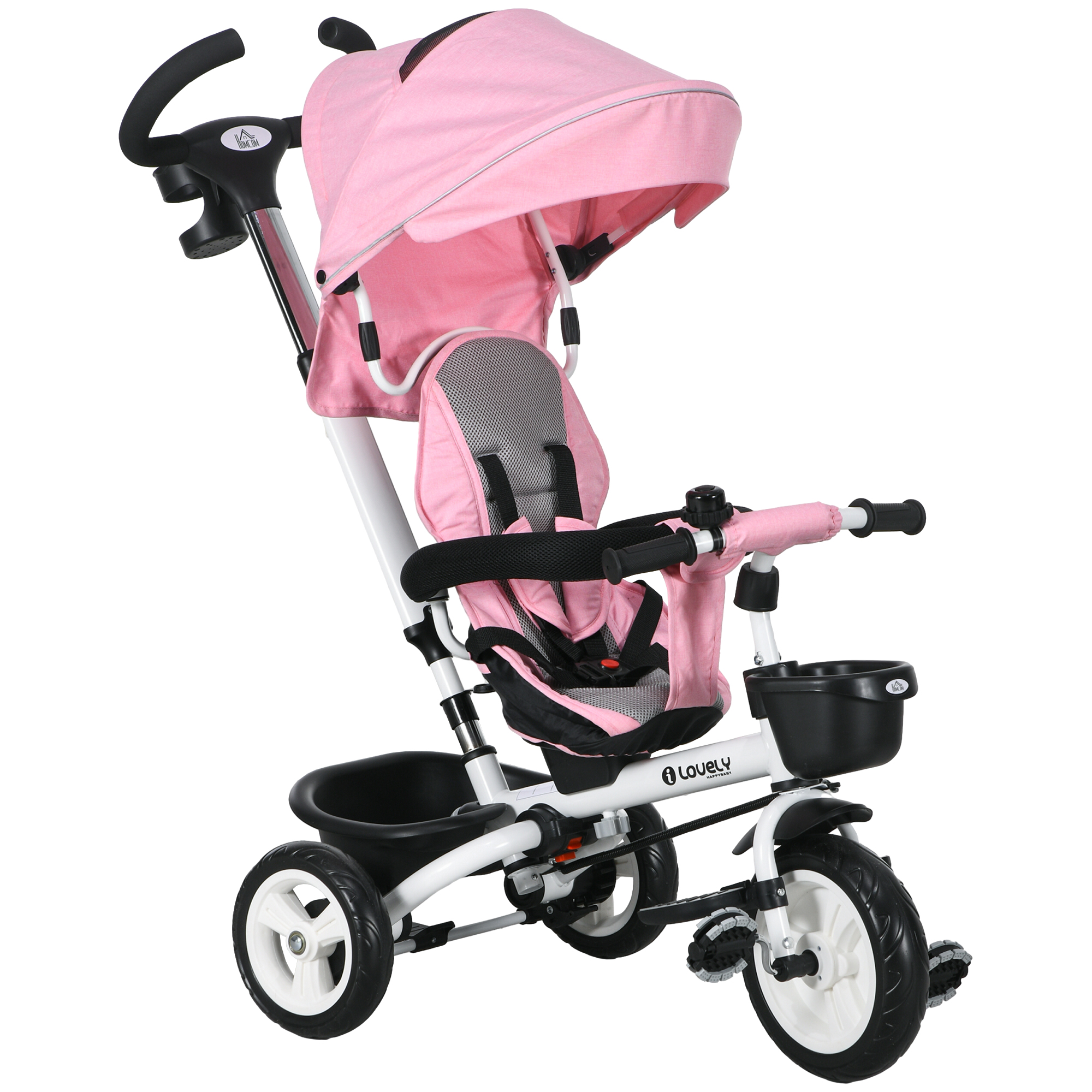 HOMCOM Triciclo Infantil 6 en 1 con Mango de Empuje, Toldo, Cinturón, Cesta, 18+ Meses, Rosa