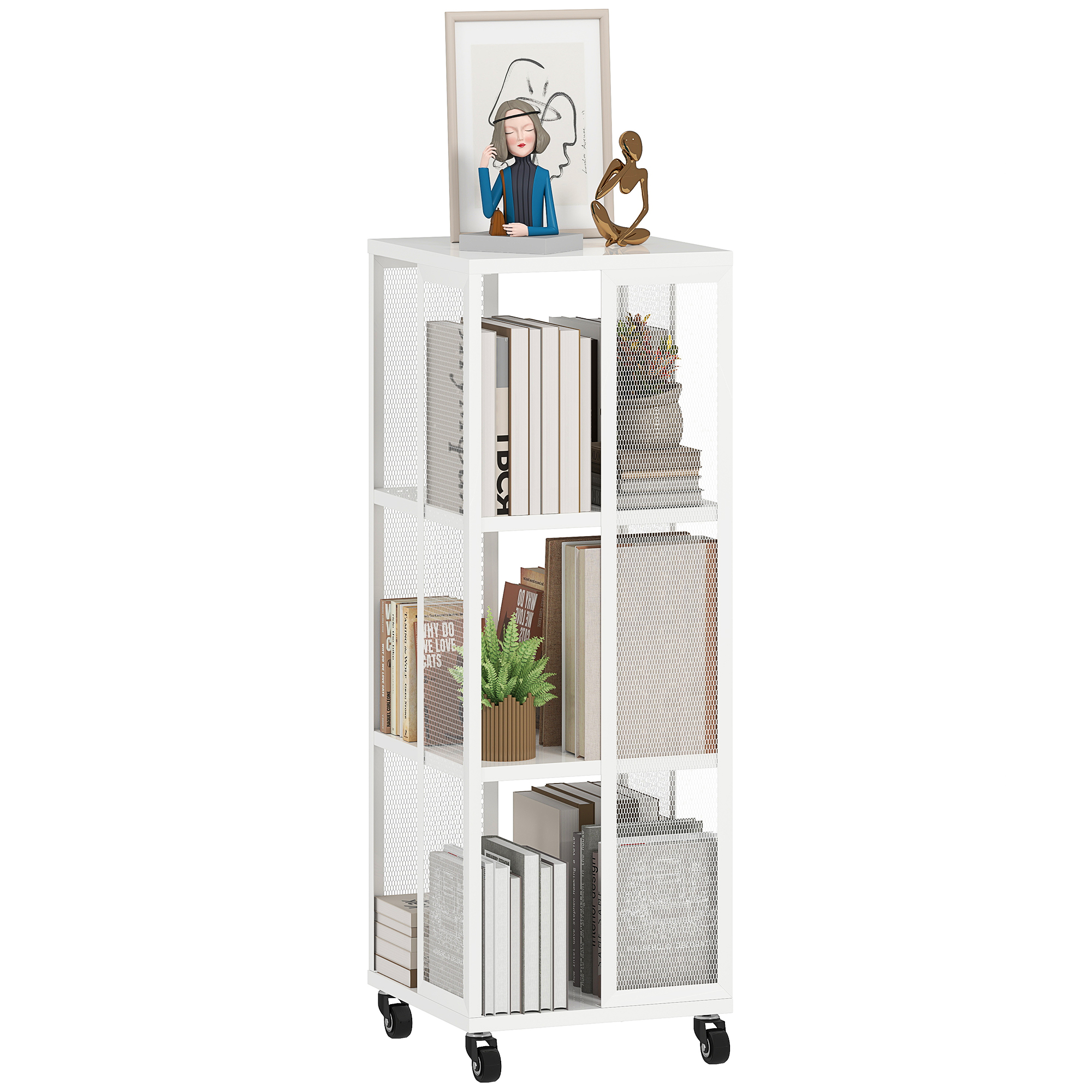 HOMCOM Libreria Moderna a 3 Ripiani in Metallo a Rete con Ruote, 35x35x99 cm, Bianco
