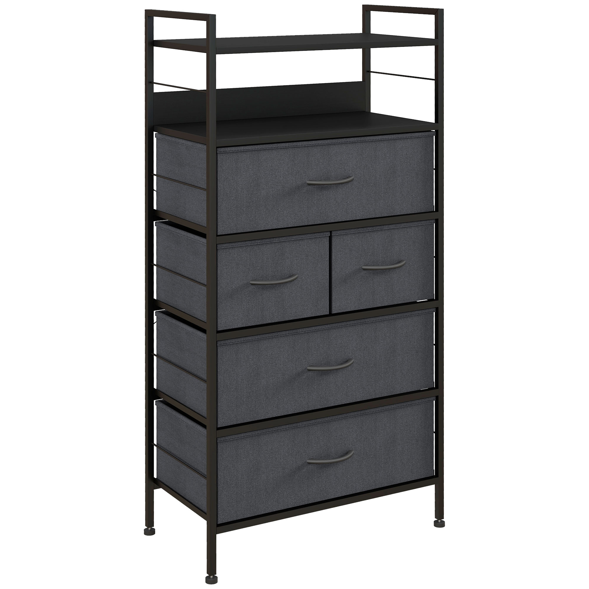 HOMCOM Cómoda mueble de almacenamiento 5 cajones en tela amovibles y 2 estantes estructura acero dim. 58L x 30A x 120Al cm negro