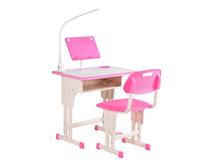 HOMCOM Banco Escuela con Silla para Niños 6-12 Años Altura Ajustable, Lámpara LED, Atril y Portabolígrafos, Acero y MDF, Rosa   Aosom España
