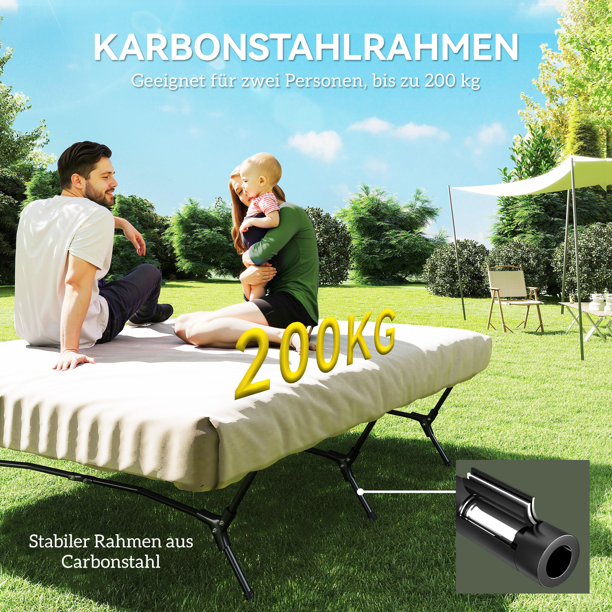 Outsunny Feldbett Campingbett mit Luftmatratze Pumpe 200 x 153 cm belastbar bis 200 kg Schwarz+Khaki