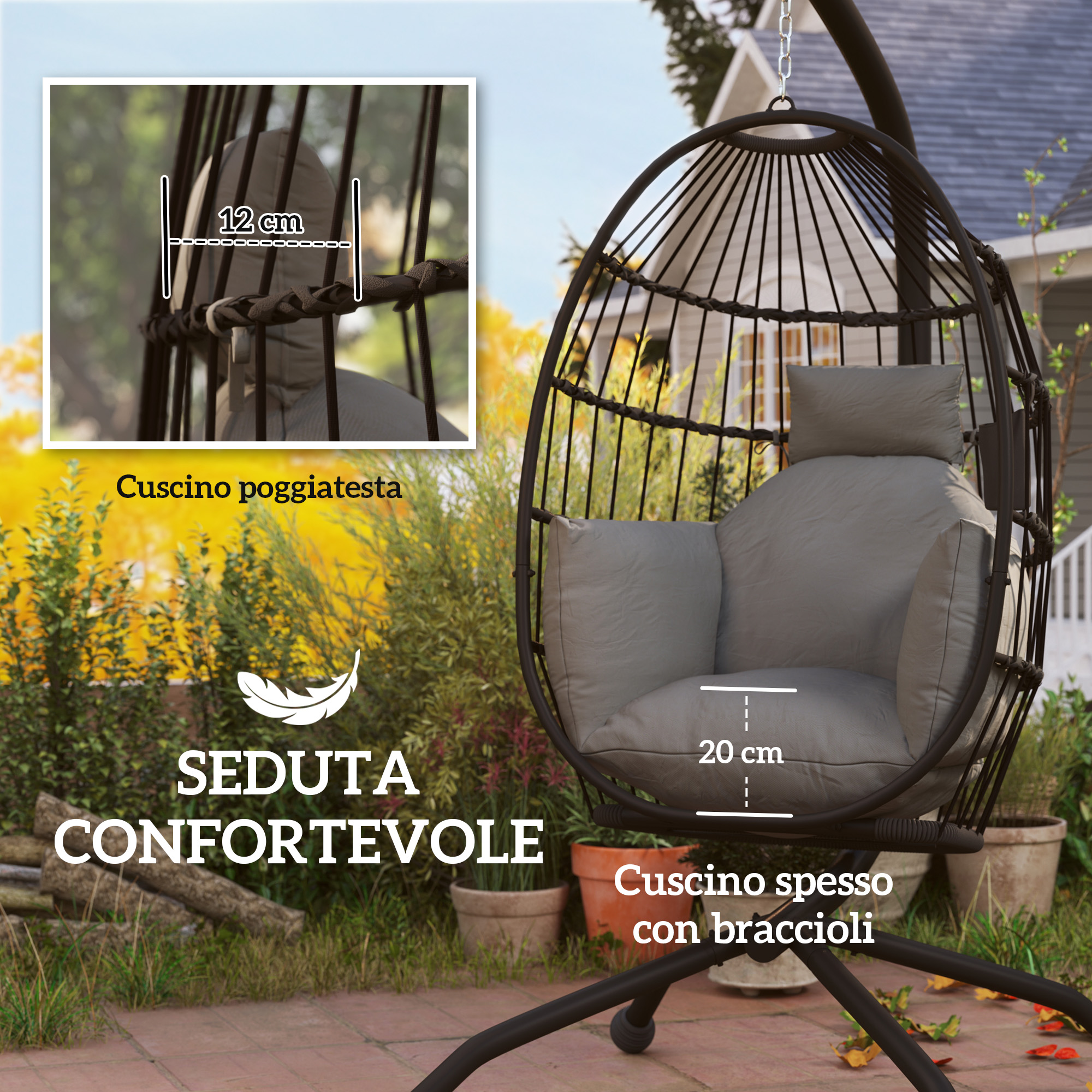 Poltrona Sospesa Topazio A Uovo In Alluminio E HULARO Con Cuscini: Grigio, D.105 Cm, Per Esterno E Interno, Portata 150 Kg - 3