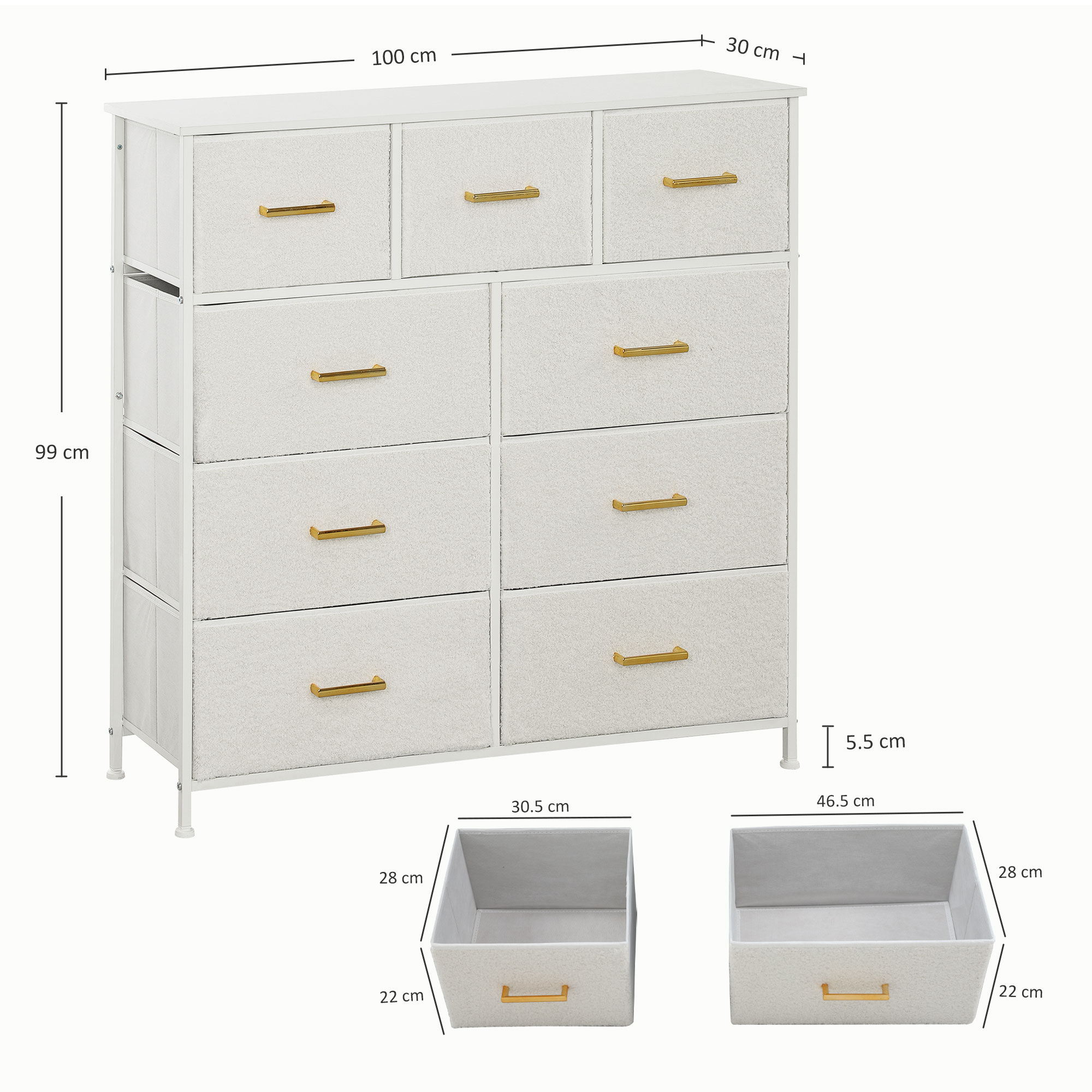 HOMCOM Chest of Drawers with 9 Fabric Drawers, Boucle Storage Organiser with Steel Frame, Fabric Dresser for Bedroom, Living Room, Hallway, Cream White 3