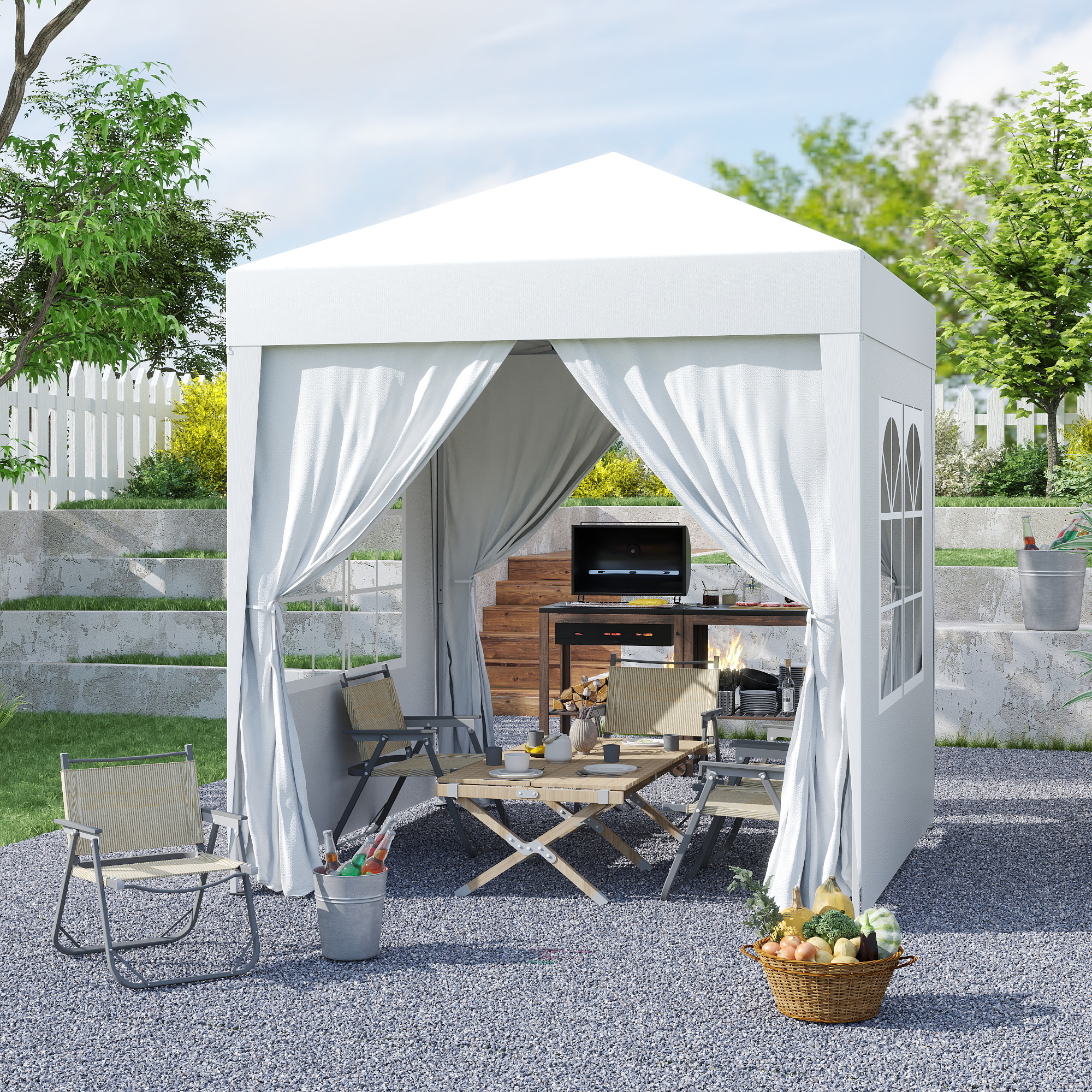 Outsunny 2 x 2 m Garden Pop Up Gazebo, Wedding Party Tent Marquee, Water Resistant Awning Canopy with Sidewalls, Windows, Carry Bag, White 2