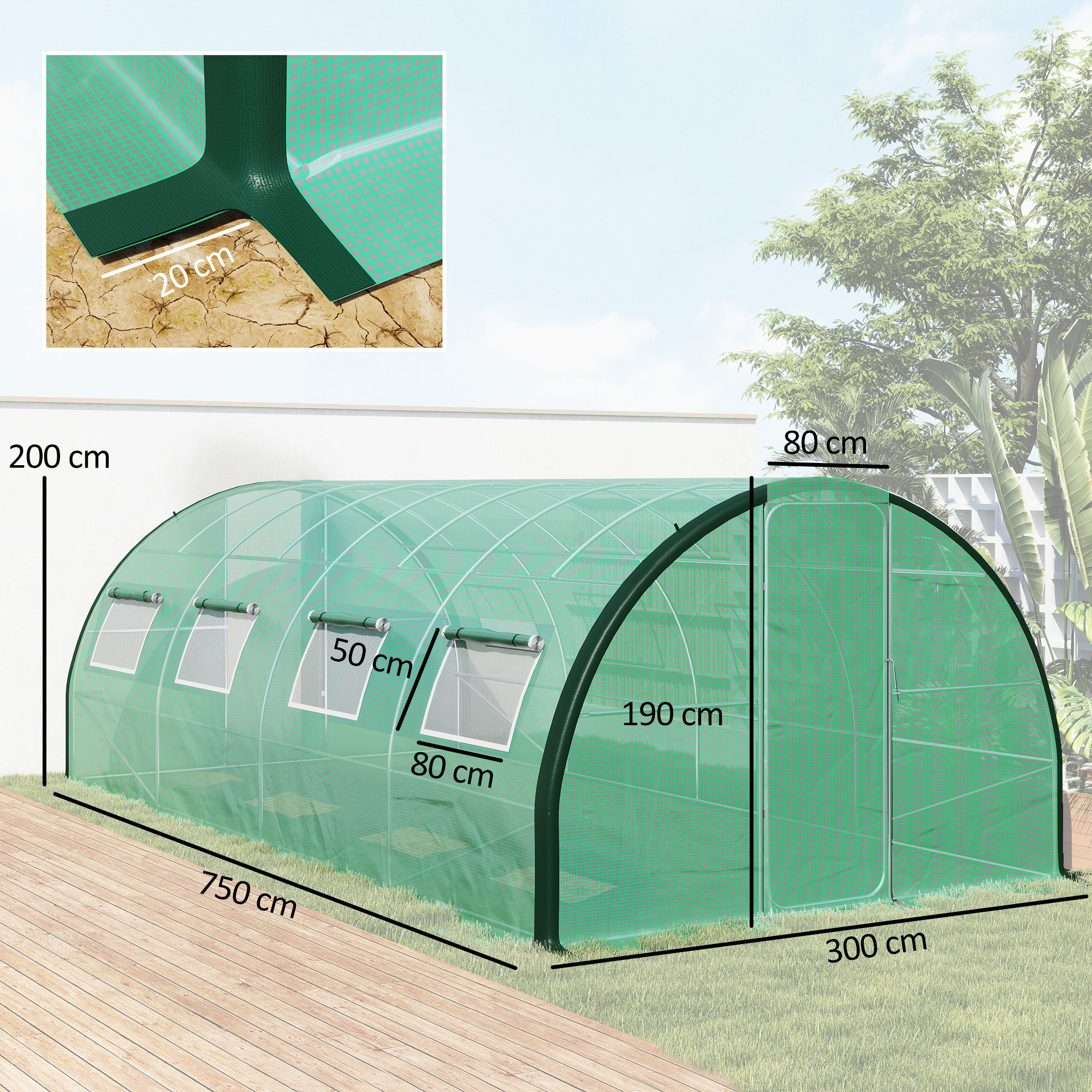 Outsunny Polyethylene Upgraded Structure Walk-in Polytunnel Greenhouse, 6 x 3(m), Green 3