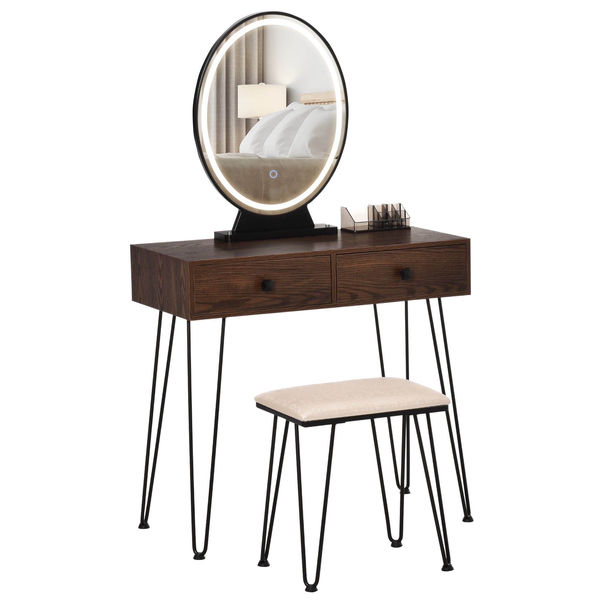 HOMCOM Tocador Mesa de maquillaje moderna Espejo LED ajustable integrado Taburete incluido pie de metal Negro 2 cajones + 1 Organizador | Aosom España