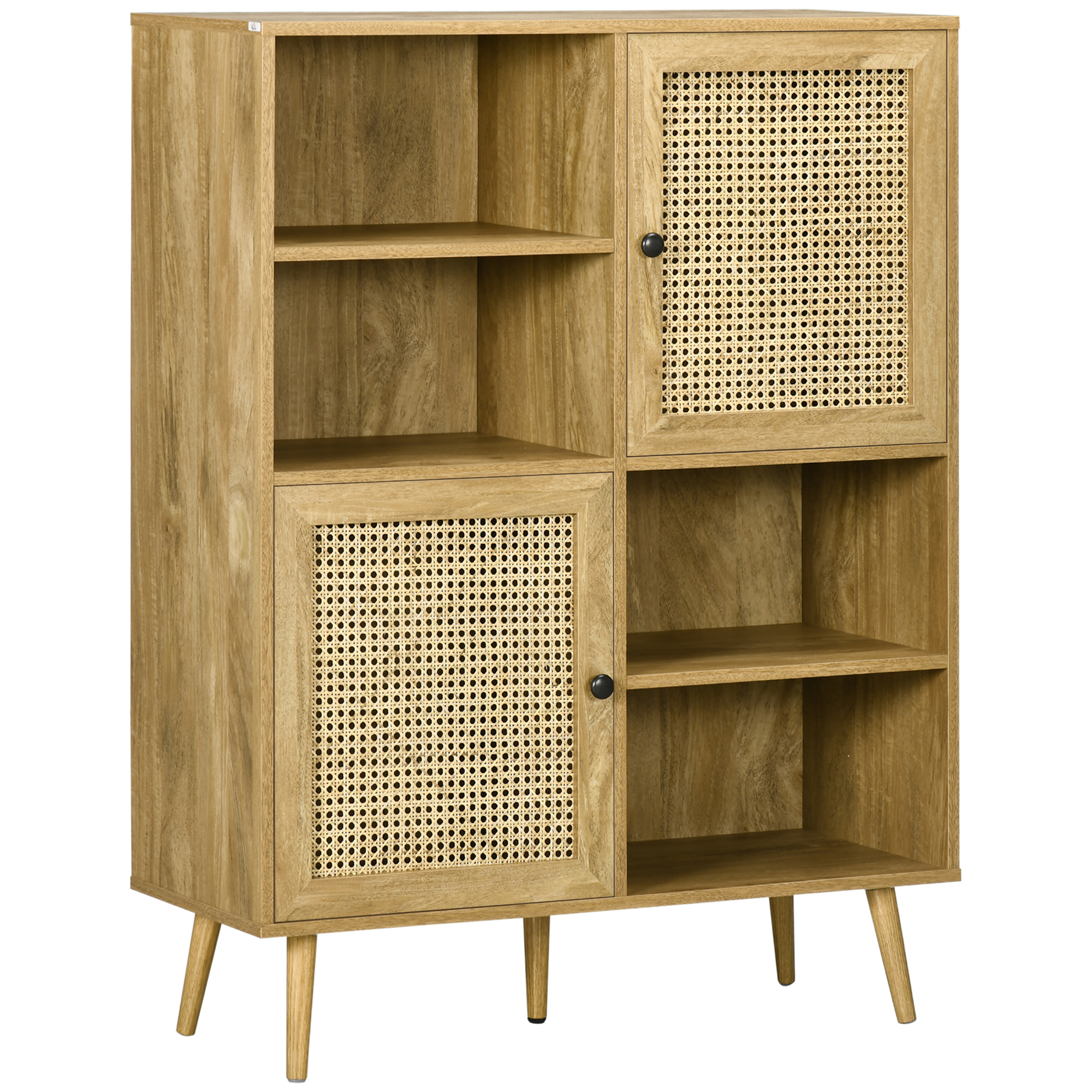 HOMCOM Aparador alto de almacenamiento en madera y ratán diseño aspecto natural 2 puertas - dim. 90L x 32,5An x 120Al cm